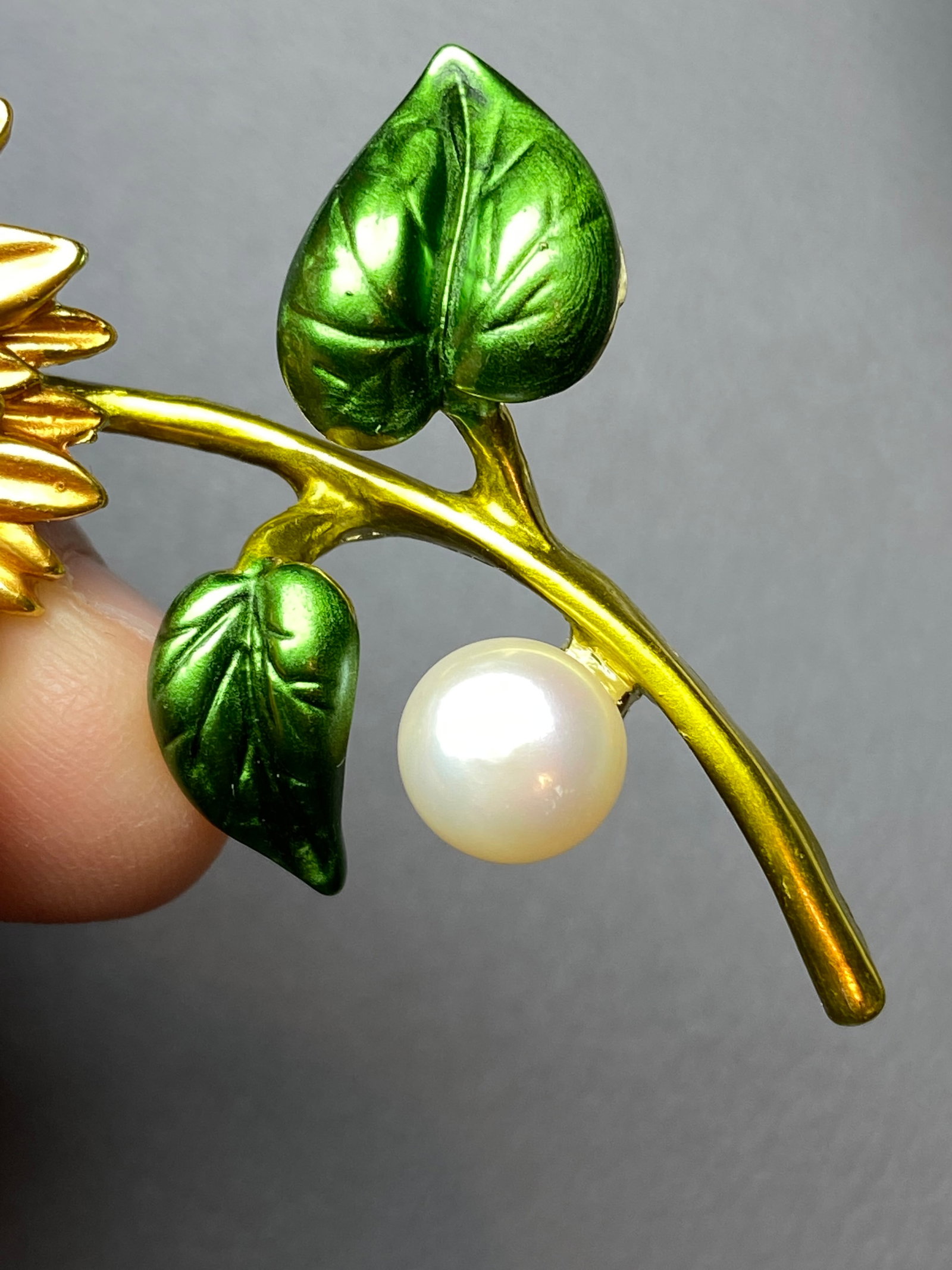 Enamel Sunflower Brooch inlaid with Fresh water Pearl - 2