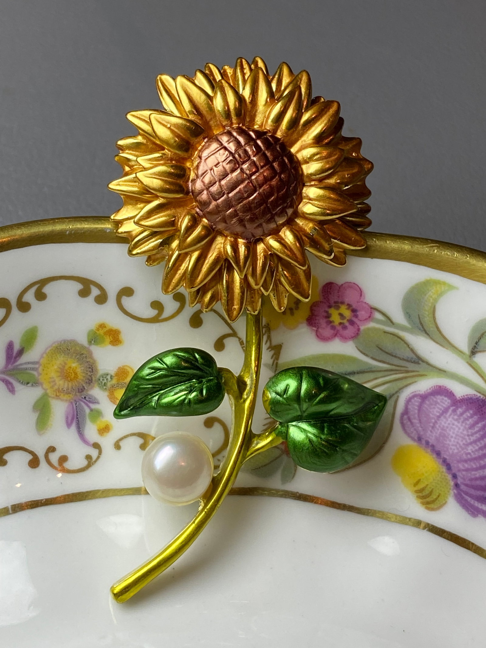 Enamel Sunflower Brooch inlaid with Fresh water Pearl - 3