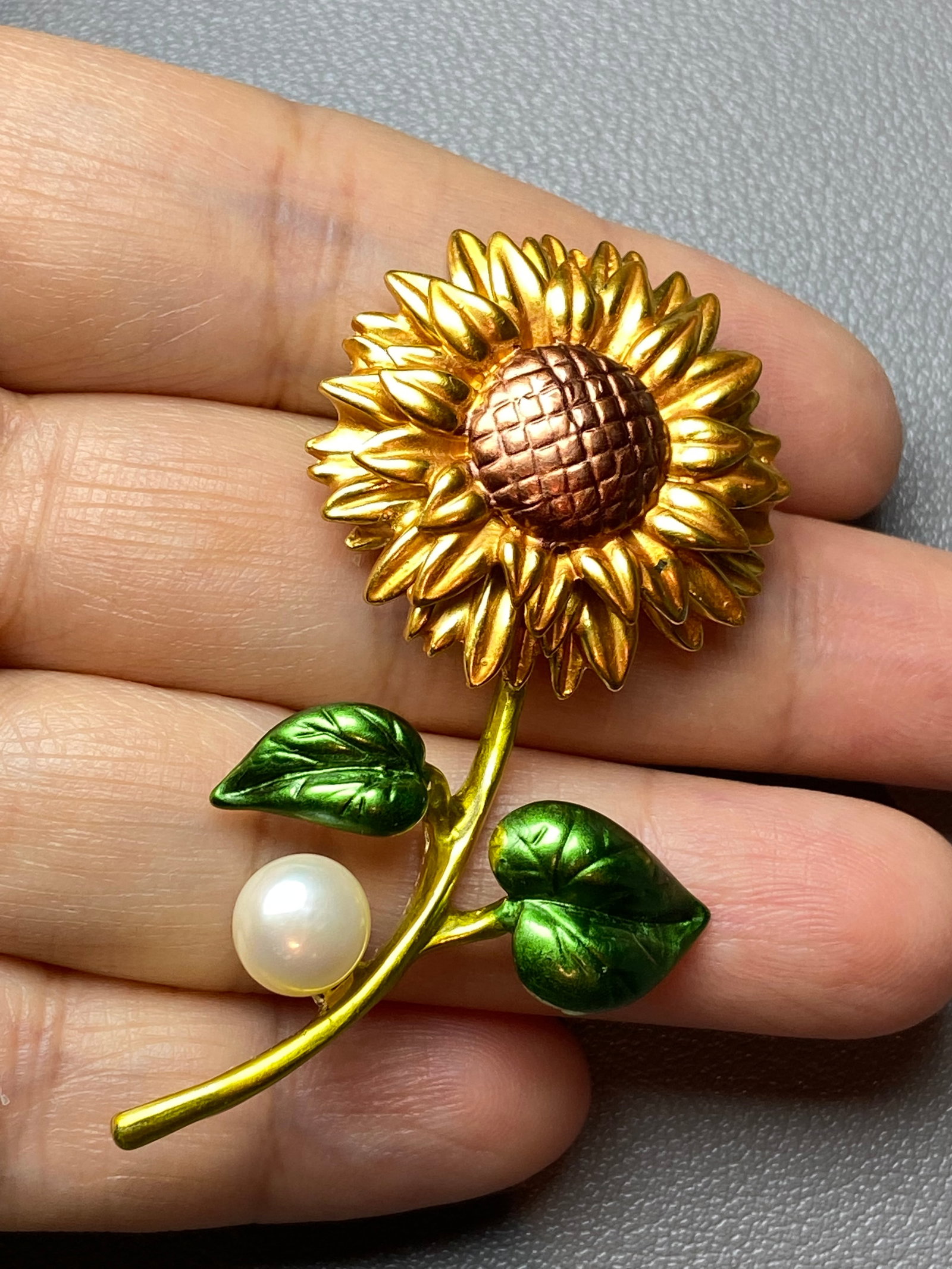 Enamel Sunflower Brooch inlaid with Fresh water Pearl - 4