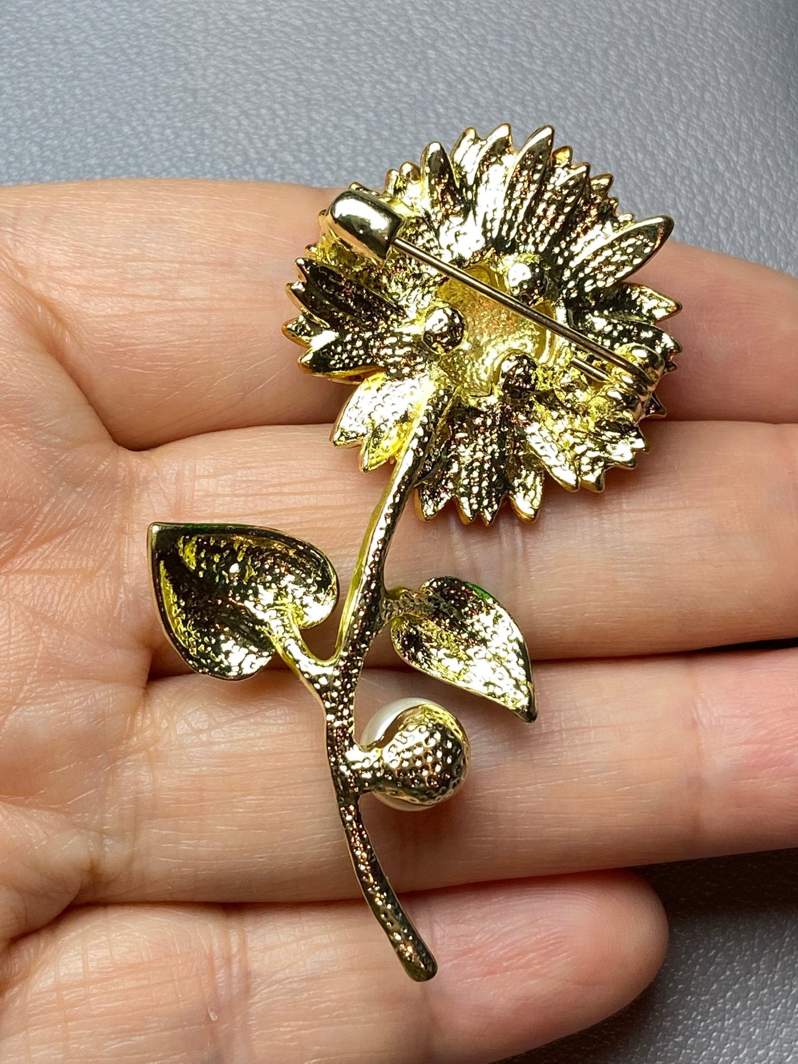 Enamel Sunflower Brooch inlaid with Fresh water Pearl - 5