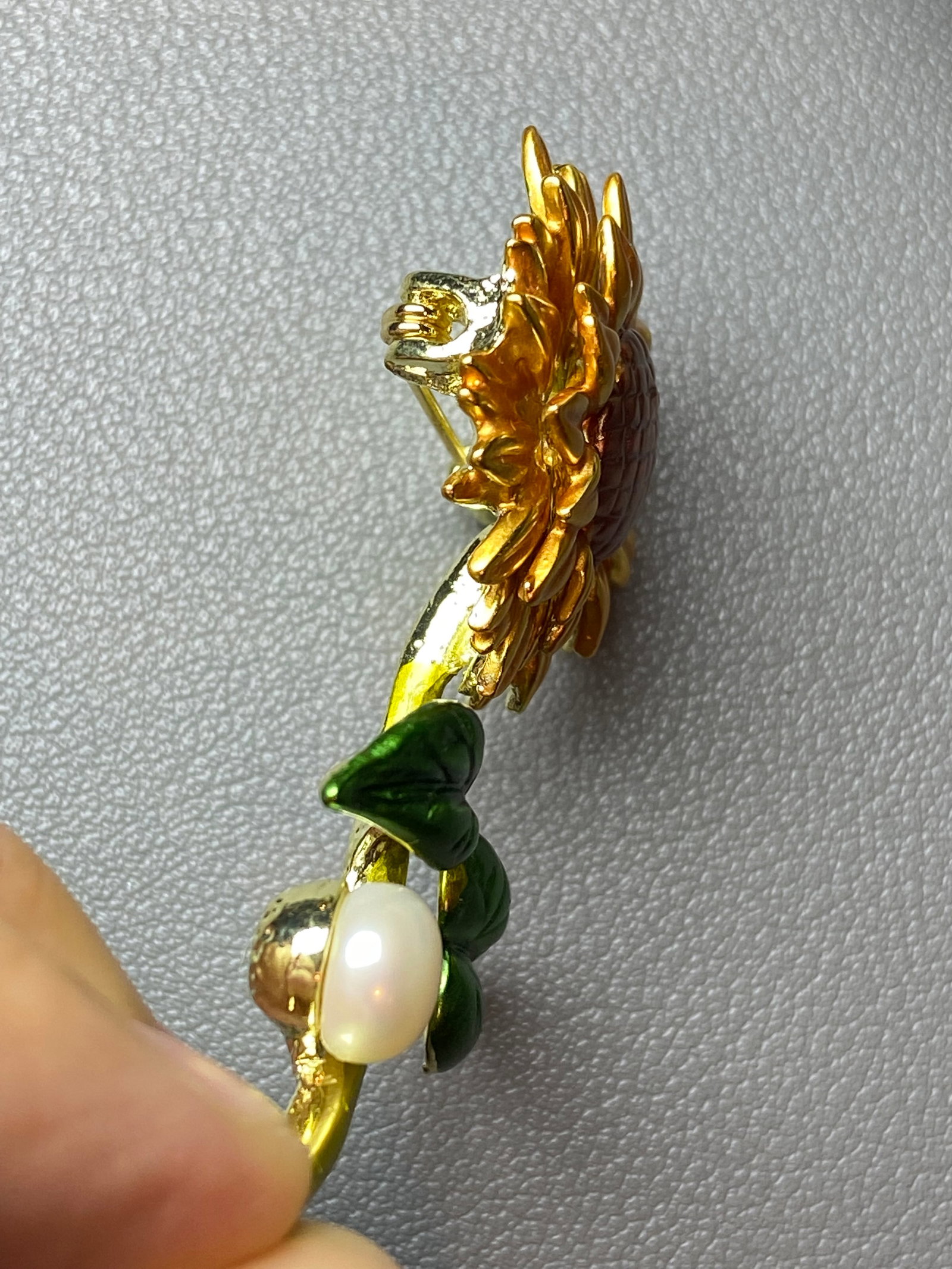 Enamel Sunflower Brooch inlaid with Fresh water Pearl - 6
