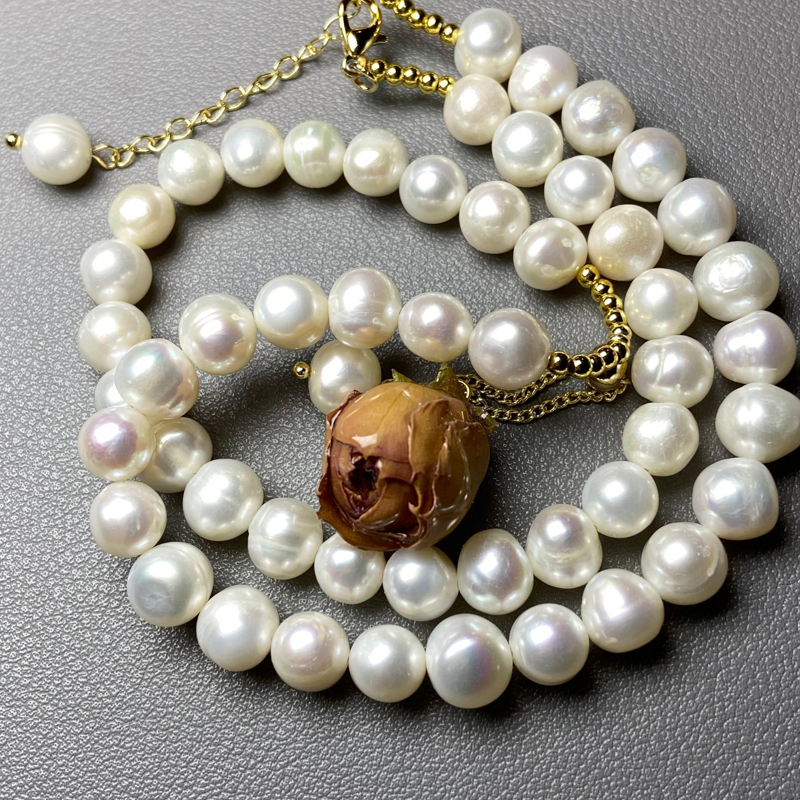 9mm Fresh Water Pearl Necklace with Everlasting Natural Rose Charm - 2
