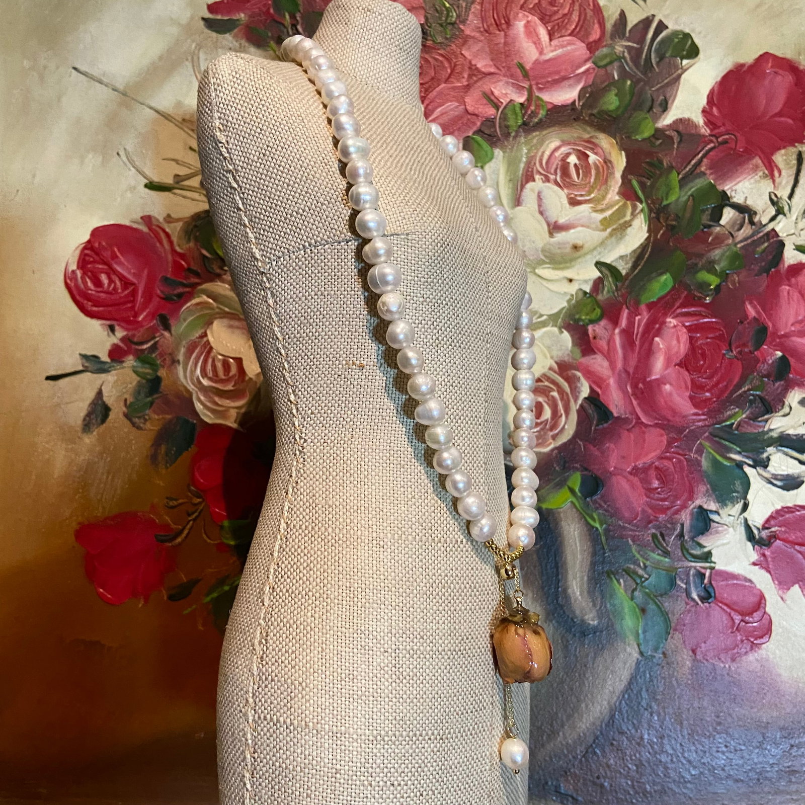 9mm Fresh Water Pearl Necklace with Everlasting Natural Rose Charm - 5