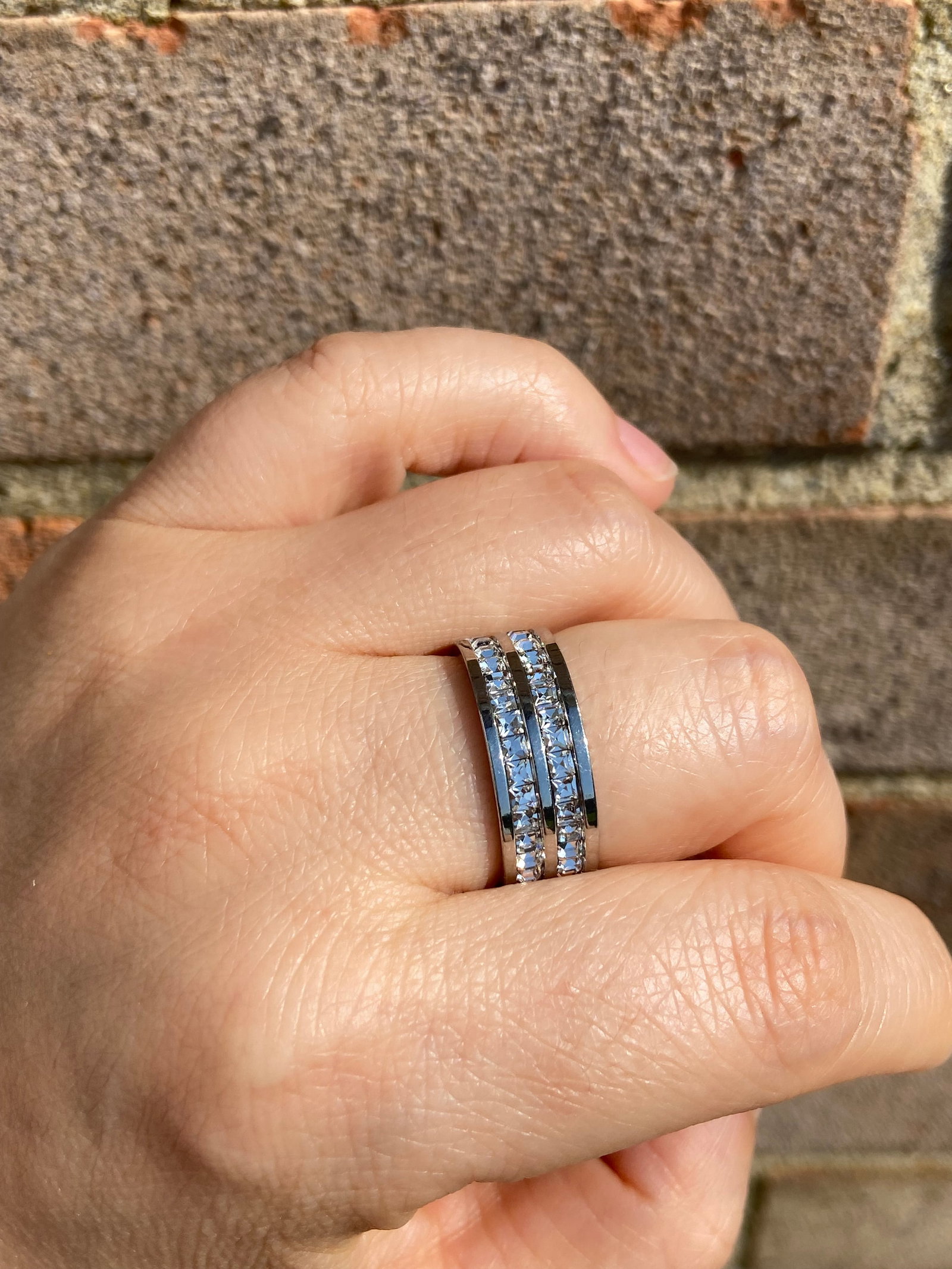 Double layers Full eternity white gold plated titanium steel ring inlaid square moissanite diamond - 4