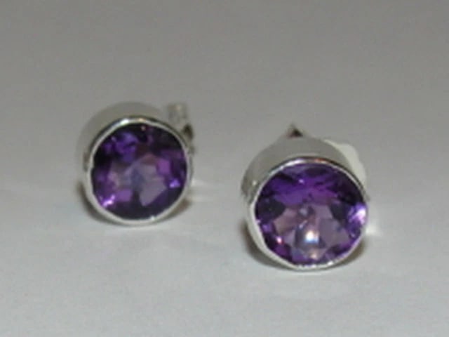 Sterling Silver Faceted Amethyst Bezel Set Earrings Birthstone February - 2