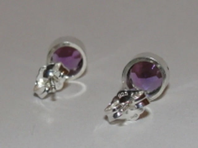 Sterling Silver Faceted Amethyst Bezel Set Earrings Birthstone February - 4