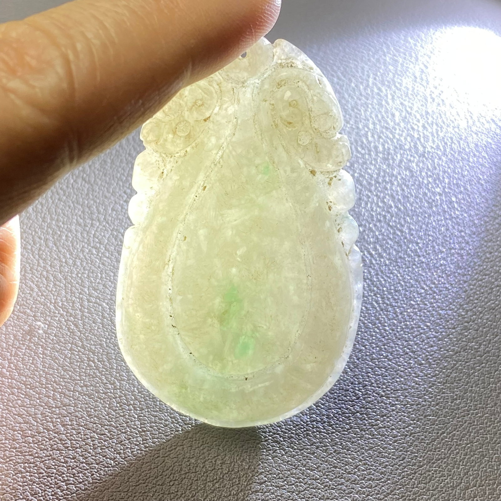 Antique Chinese Large Apple Green Jadeite Jade caved Water drop-shaped Ruyi Amulet - 7