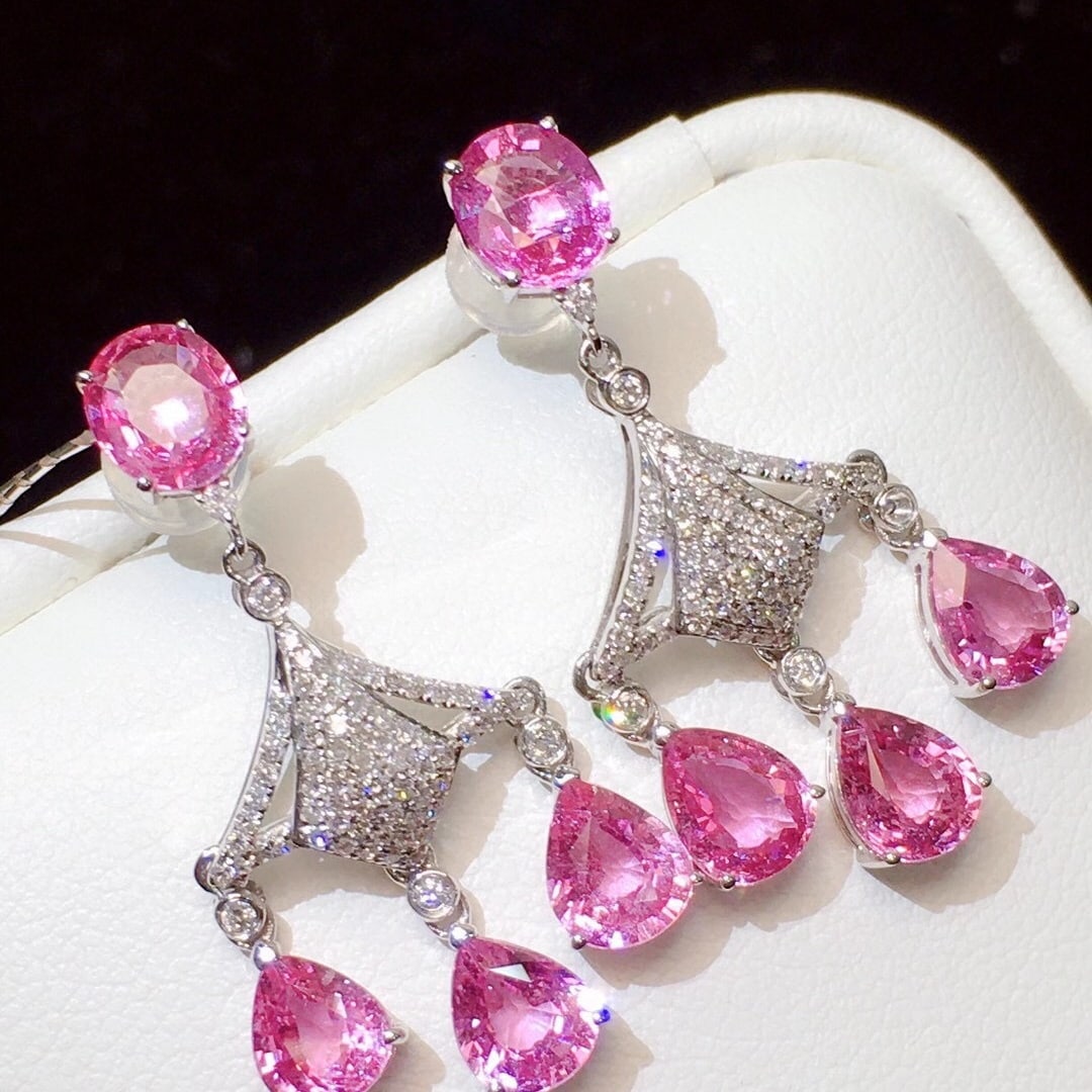 14K GOLD 5.8 CT NATURAL PADPARADSCHA SAPPHIRE & DIAMOND EARRINGS - 2