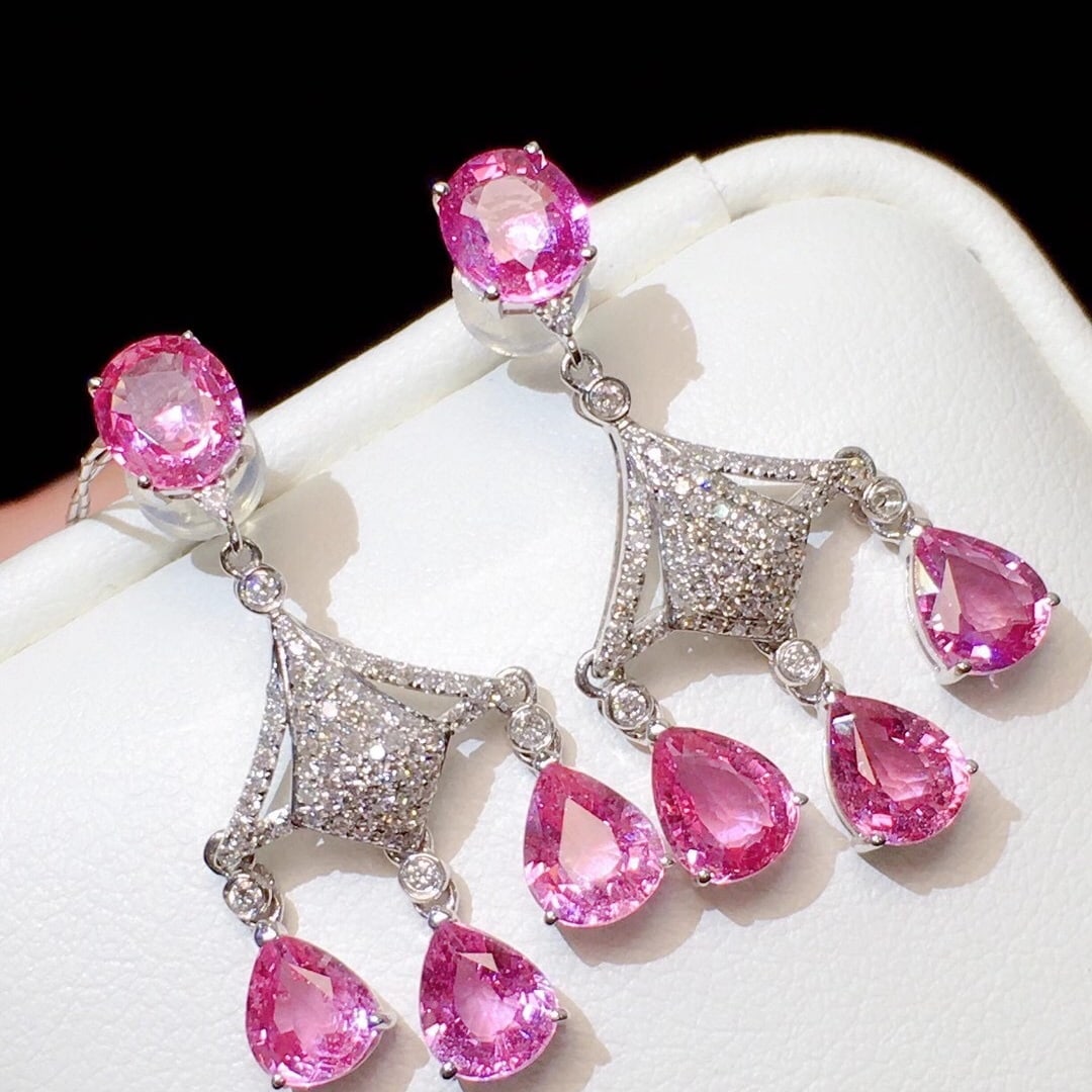 14K GOLD 5.8 CT NATURAL PADPARADSCHA SAPPHIRE & DIAMOND EARRINGS - 4