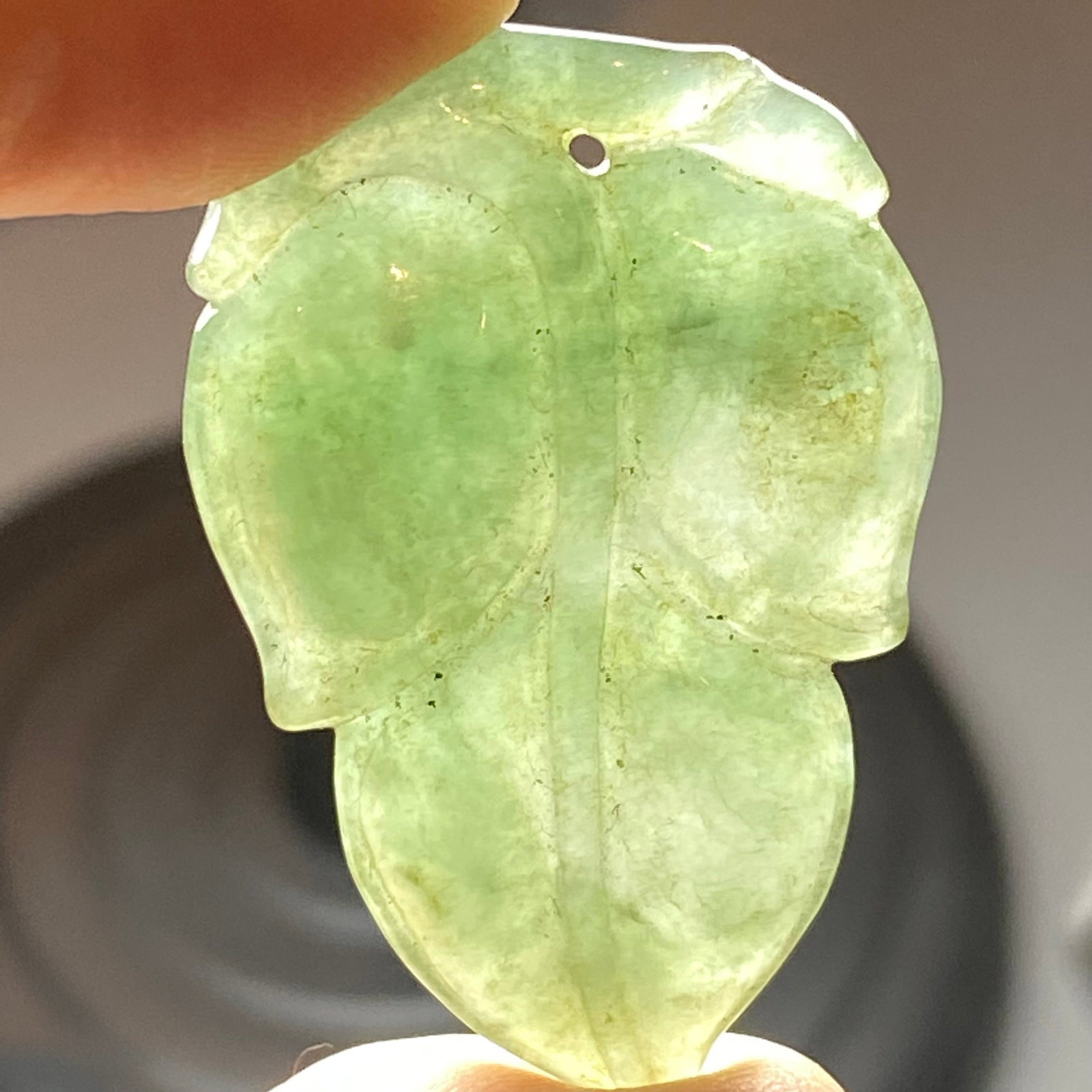 Grade A Green Icy Jadeite Jade Pendant Carved Leaf Pattern - 3