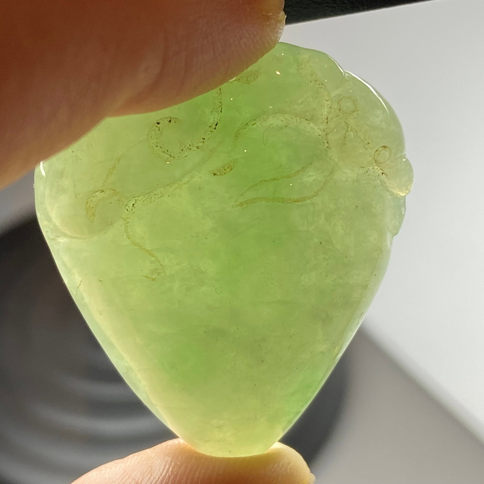 Antique Chinese Natural Icy Green Jadeite Jade carved Peach Lingzhi and Bat - 9