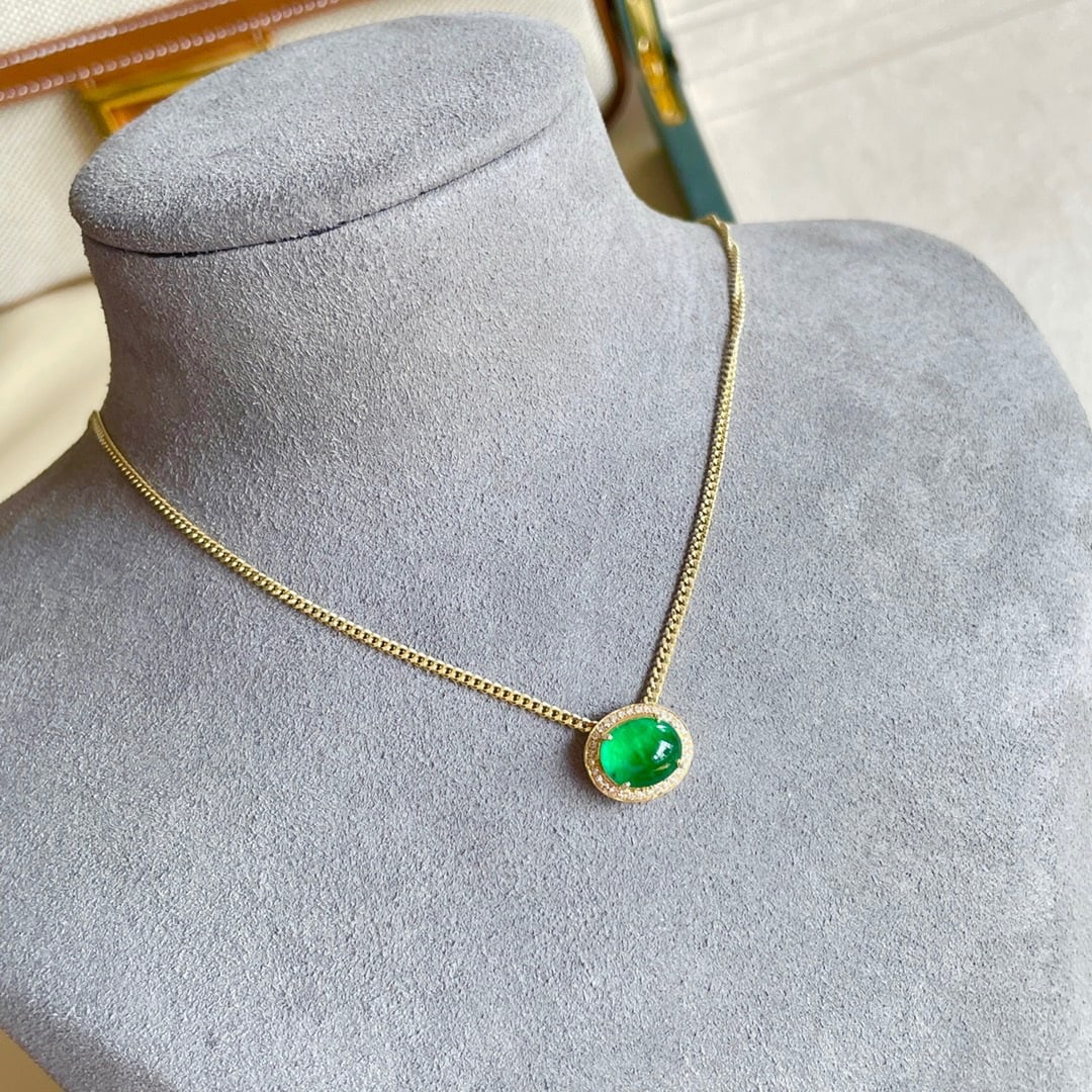 14K GOLD 2 CT VIVID GREEN NATURAL EMERALD & DIAMOND NECKLACE - 3