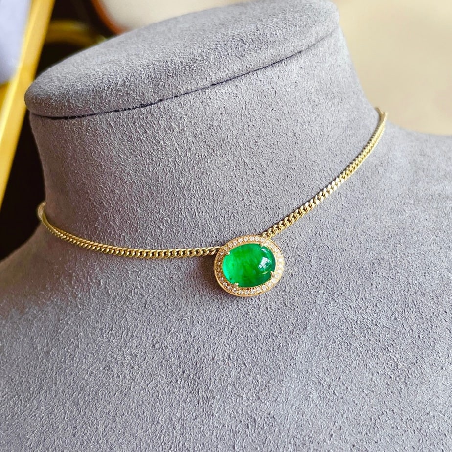 14K GOLD 2 CT VIVID GREEN NATURAL EMERALD & DIAMOND NECKLACE - 5