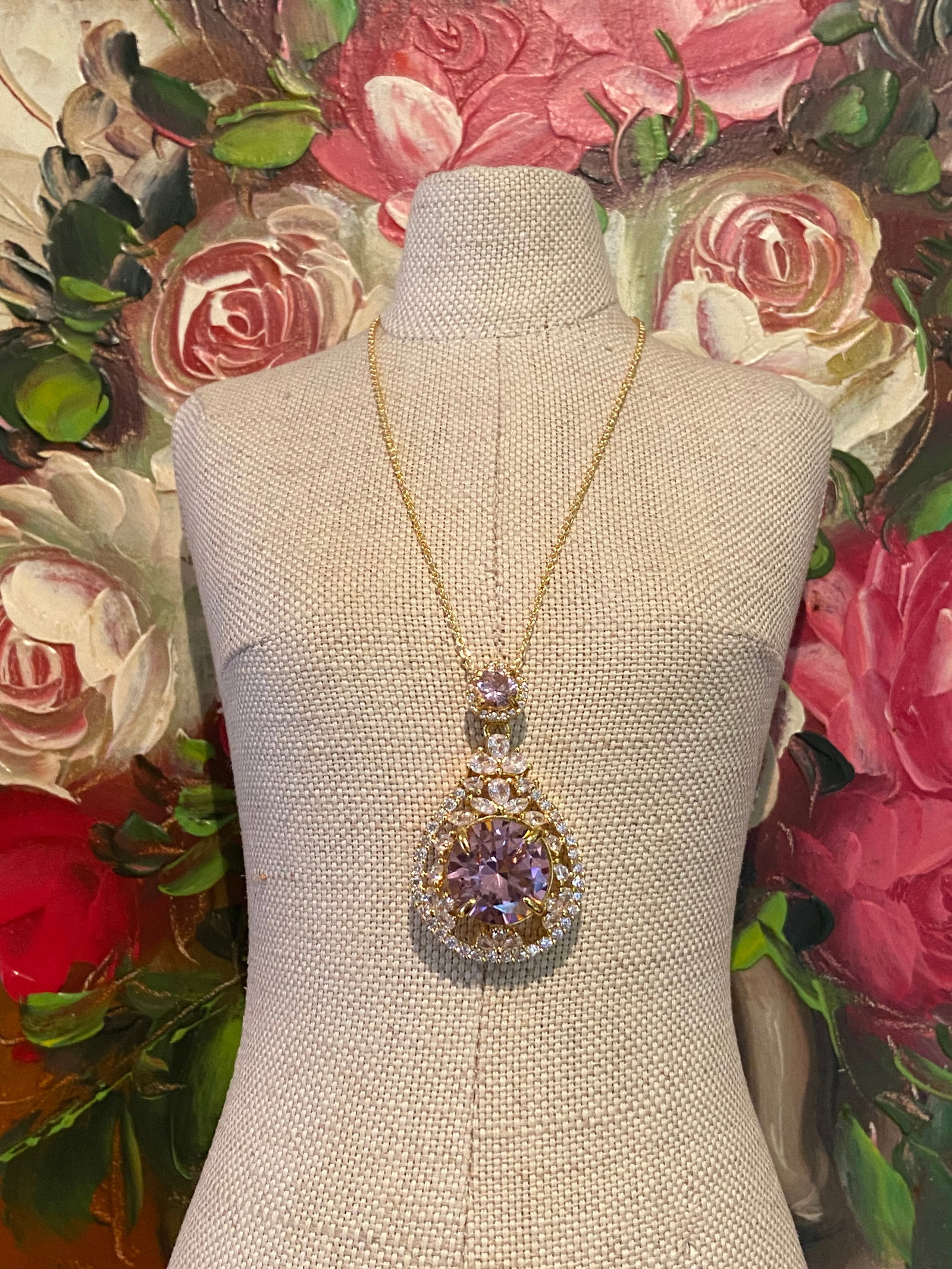 18k Gold Vermeil 925 Silver Pendant Necklace inlaid with Pink and White Topaz Stone - 2