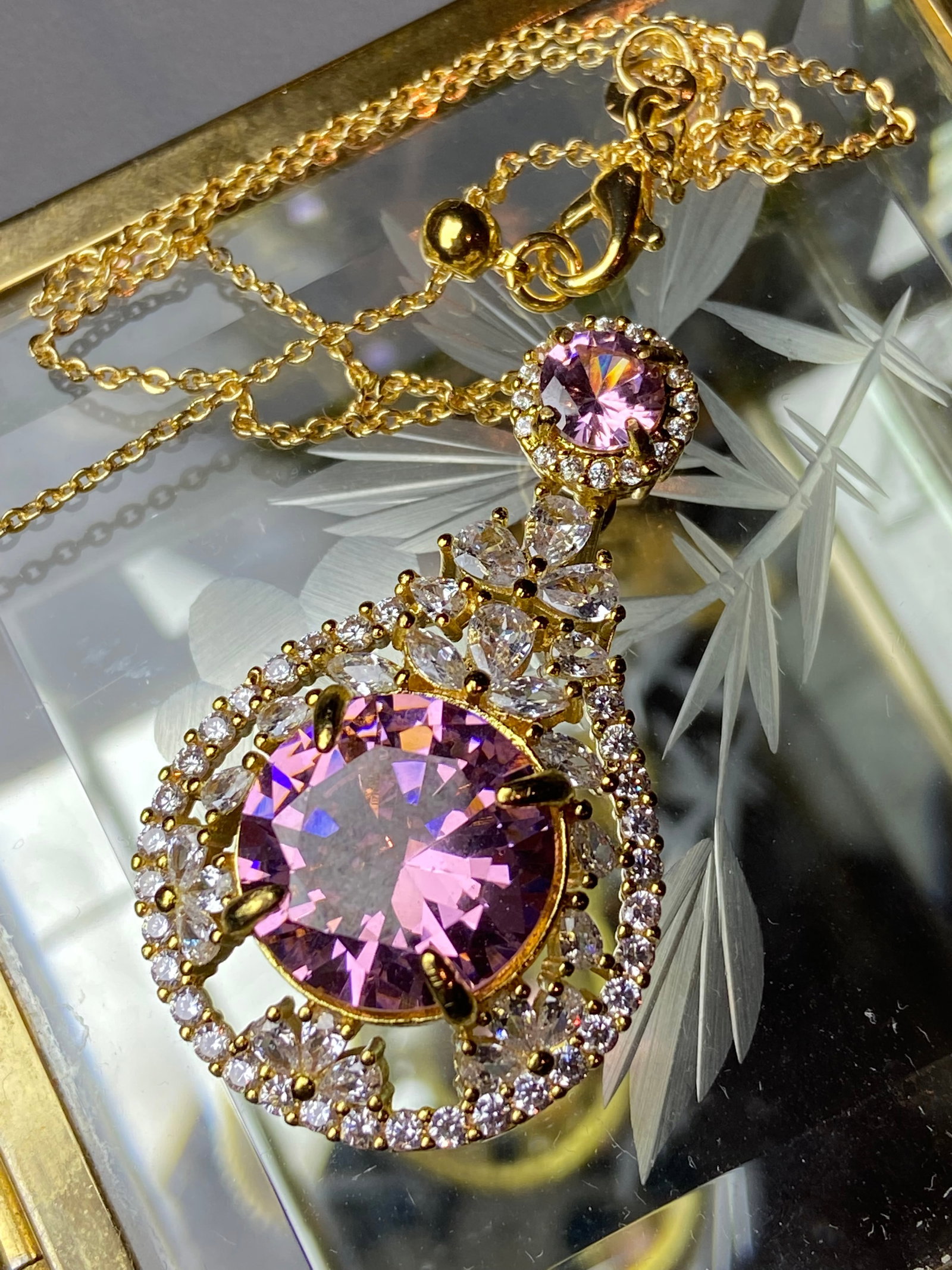 18k Gold Vermeil 925 Silver Pendant Necklace inlaid with Pink and White Topaz Stone - 4