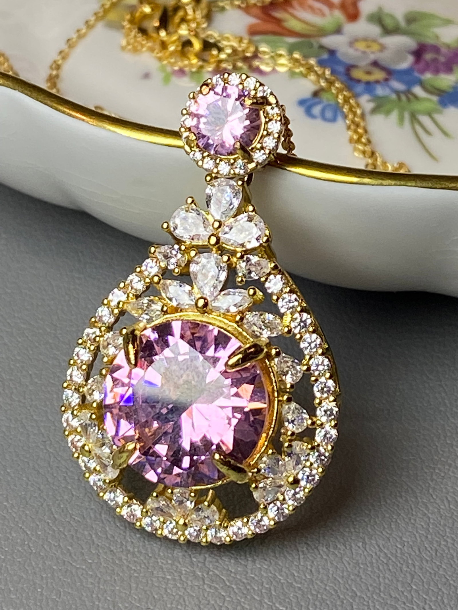 18k Gold Vermeil 925 Silver Pendant Necklace inlaid with Pink and White Topaz Stone - 5