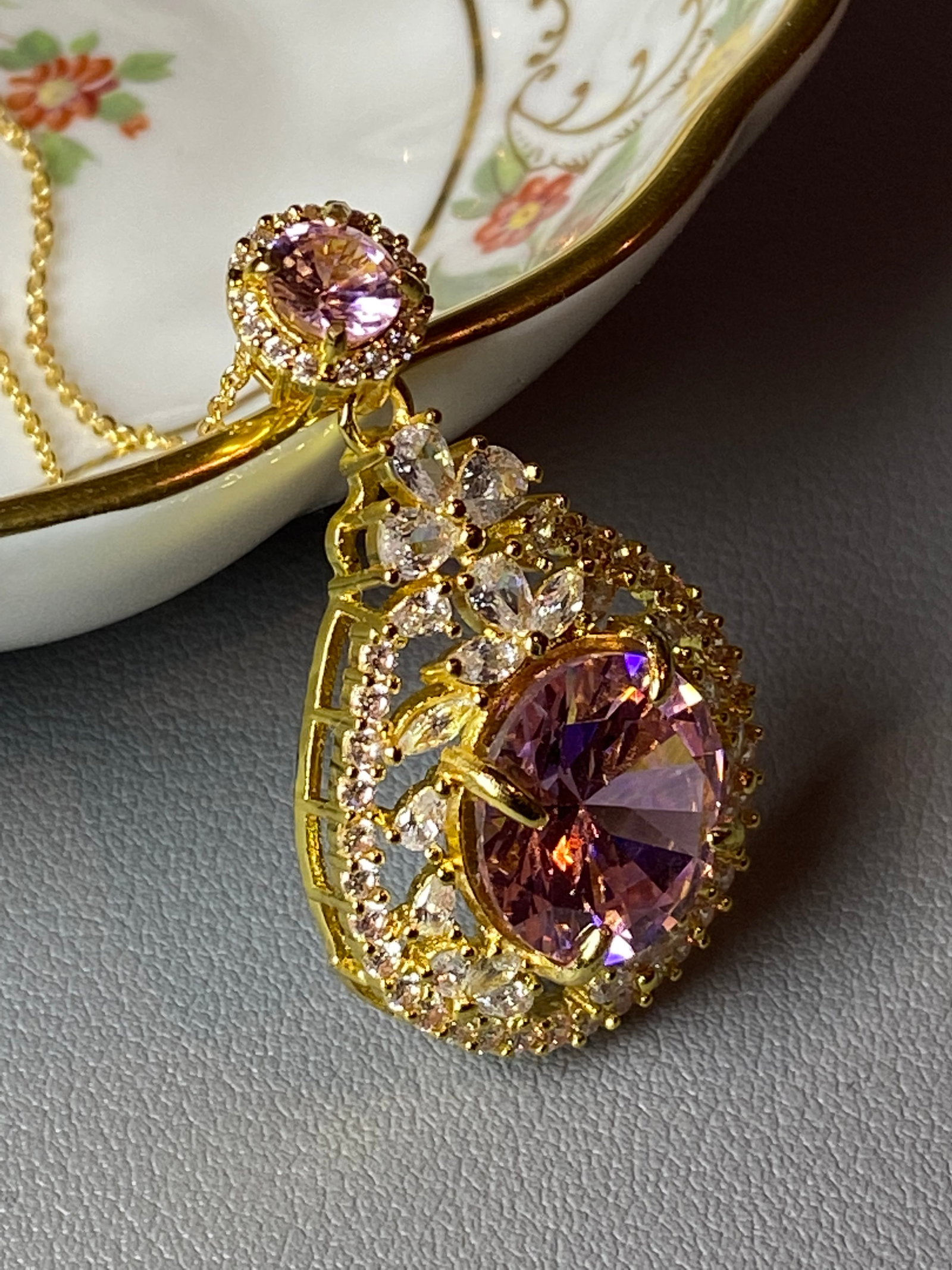 18k Gold Vermeil 925 Silver Pendant Necklace inlaid with Pink and White Topaz Stone - 6