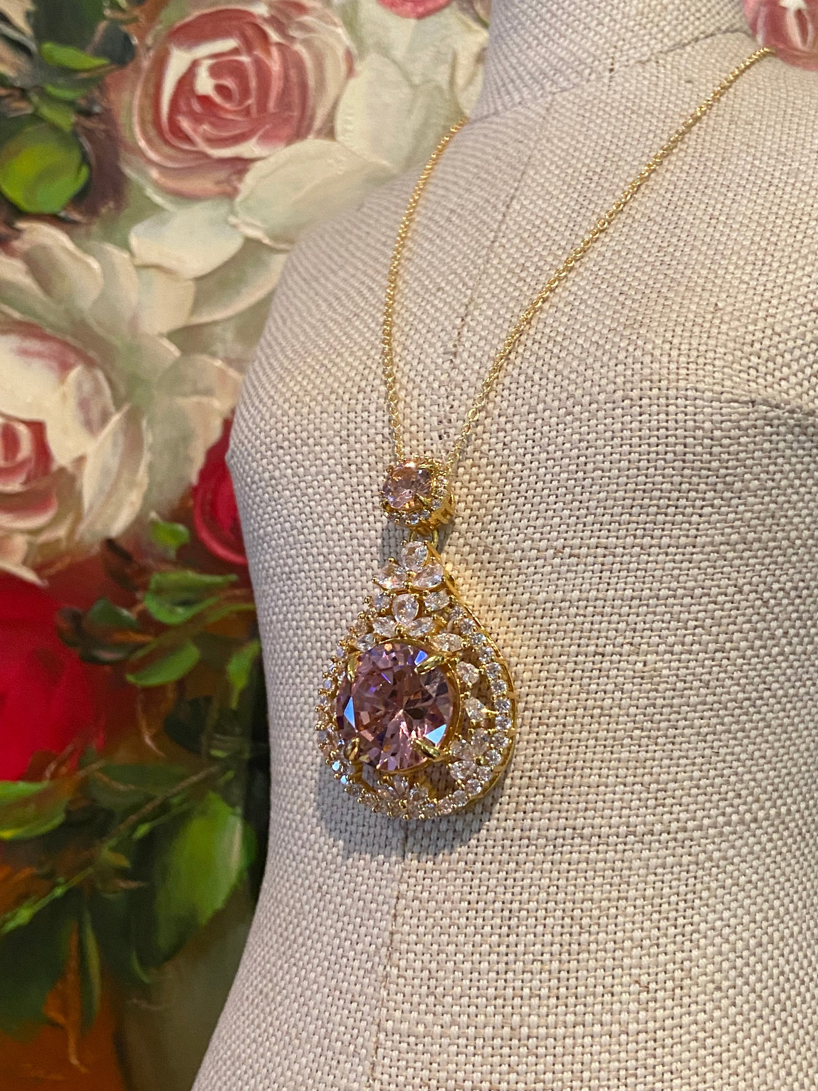 18k Gold Vermeil 925 Silver Pendant Necklace inlaid with Pink and White Topaz Stone - 9