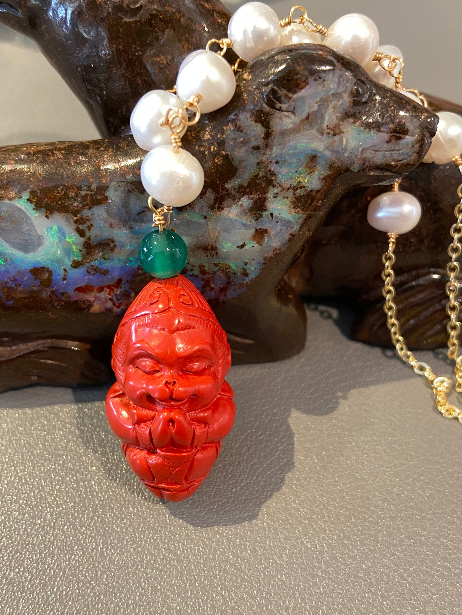 14k rolled gold Fresh Water Pearl nacklace with Cinnabar carved Monkey King Buddha Amulet - 2