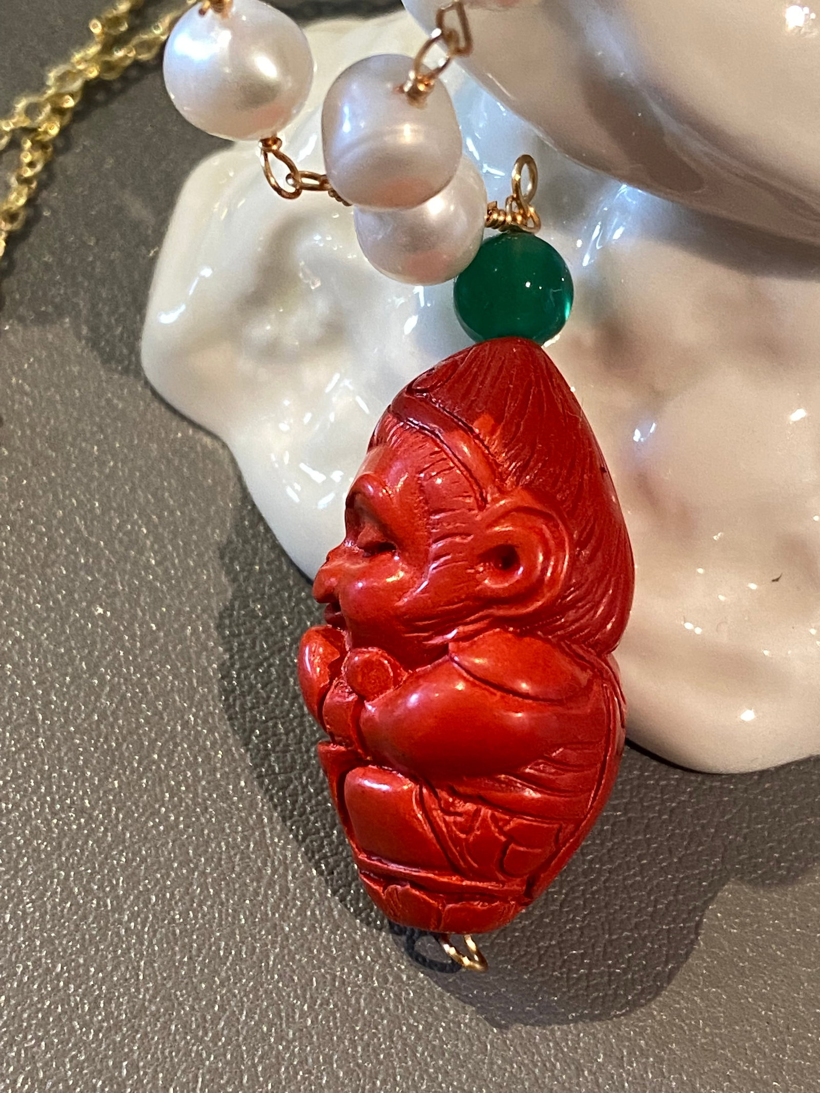 14k rolled gold Fresh Water Pearl nacklace with Cinnabar carved Monkey King Buddha Amulet - 5