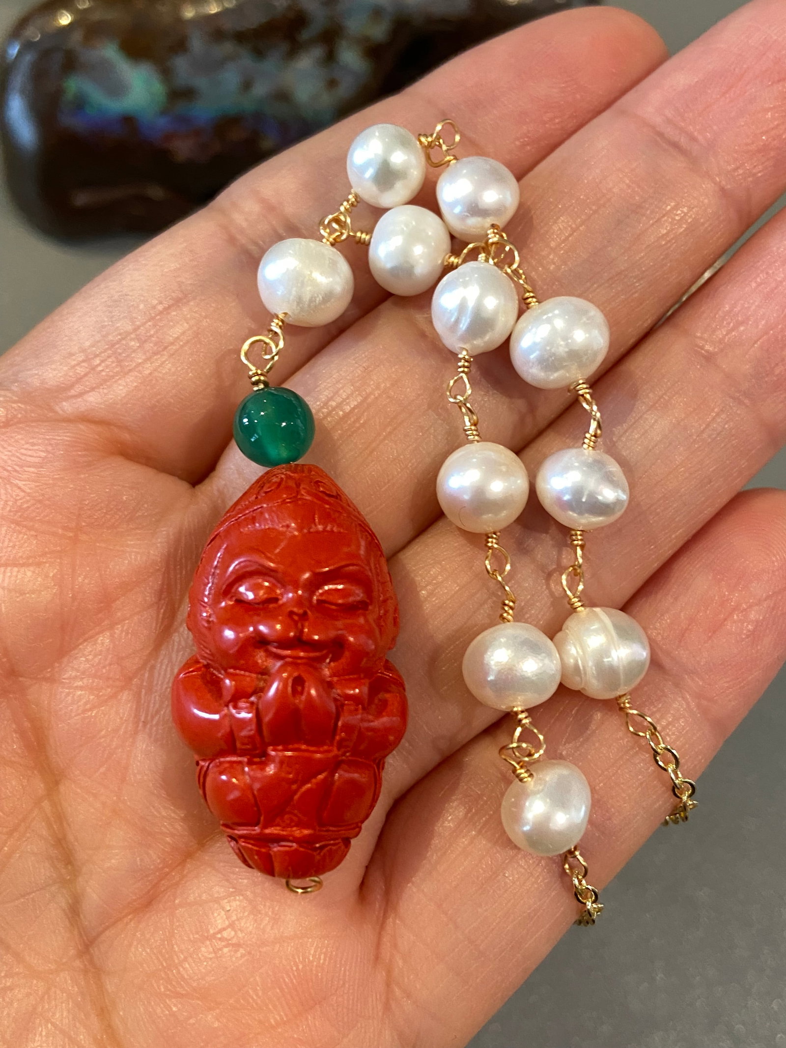 14k rolled gold Fresh Water Pearl nacklace with Cinnabar carved Monkey King Buddha Amulet - 7