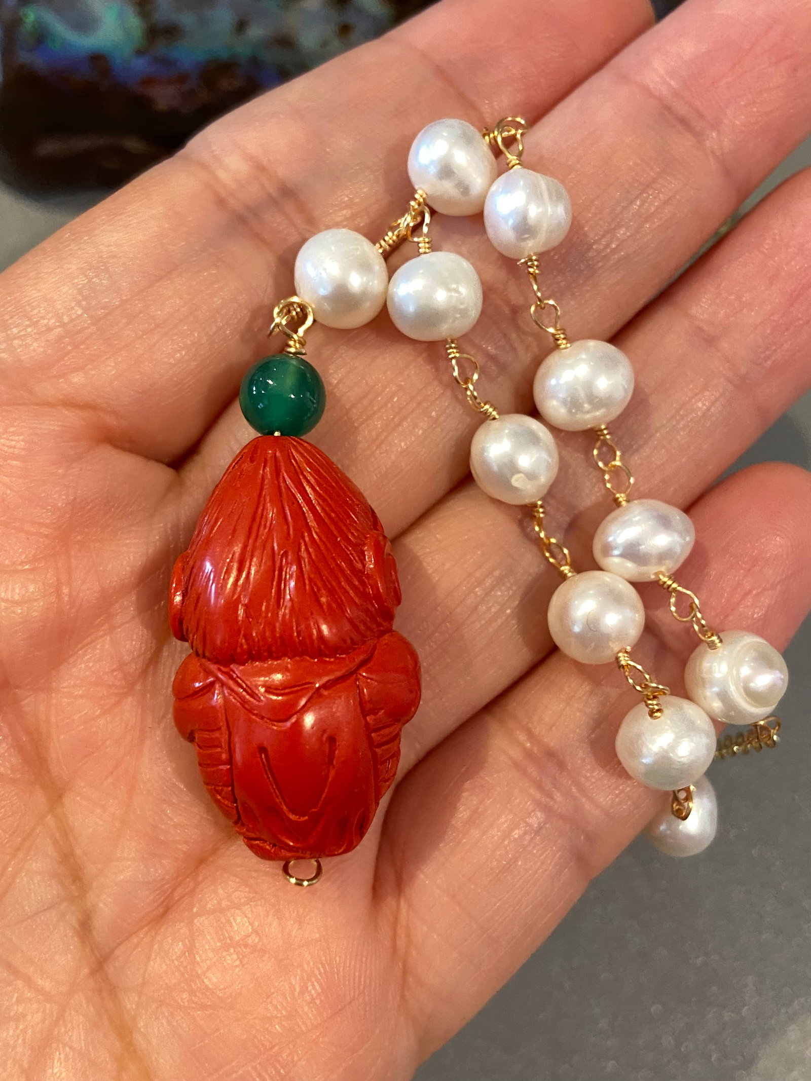 14k rolled gold Fresh Water Pearl nacklace with Cinnabar carved Monkey King Buddha Amulet - 8