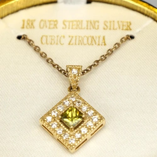 Cubic Zirconia 18K Over Sterling Necklace w Bejeweled Trinket Box - 4