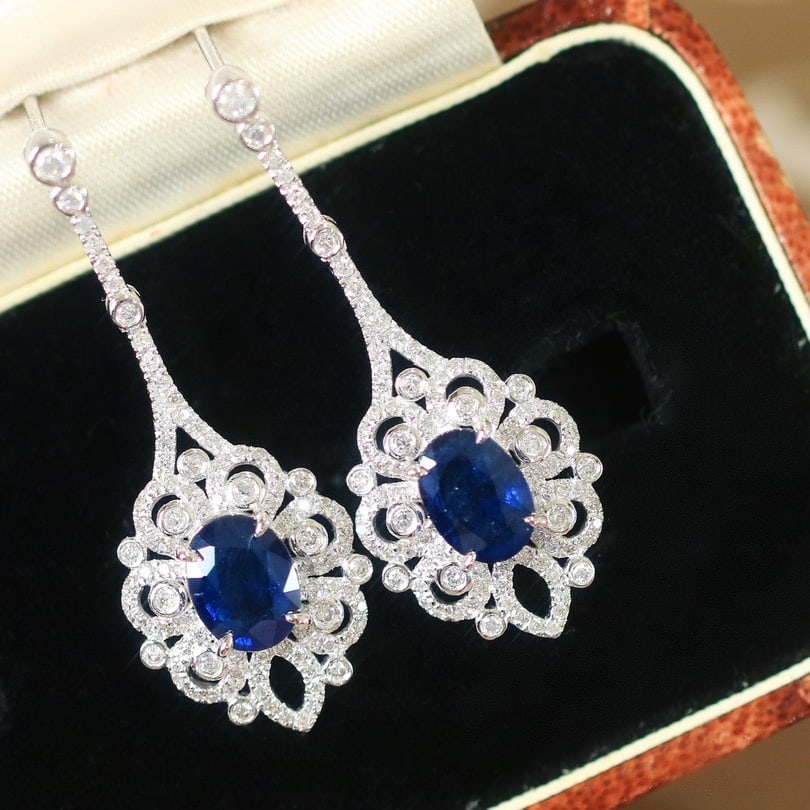 14K GOLD 2.96 CTW VIVID BLUE NATURAL SAPPHIRE & DIAMOND EARRINGS - 2