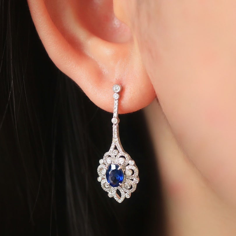 14K GOLD 2.96 CTW VIVID BLUE NATURAL SAPPHIRE & DIAMOND EARRINGS - 3