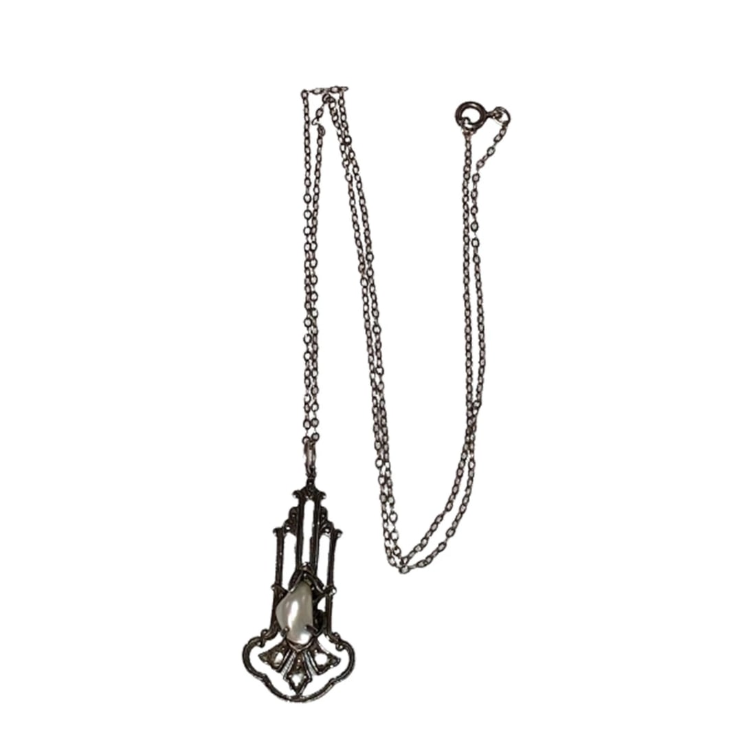 Art Deco Sterling Silver Pave Marcasite Natural Pearl Pendant Necklace - 4