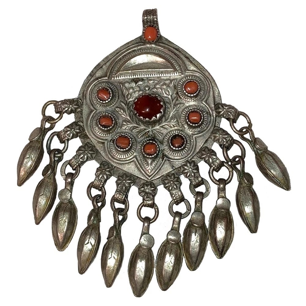 Turkoman Middle Eastern Bedouin Tribal White Metal Red Coral Carnelian Pendant - 2