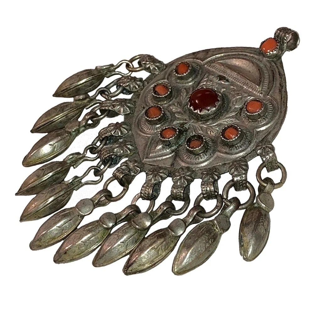 Turkoman Middle Eastern Bedouin Tribal White Metal Red Coral Carnelian Pendant - 4