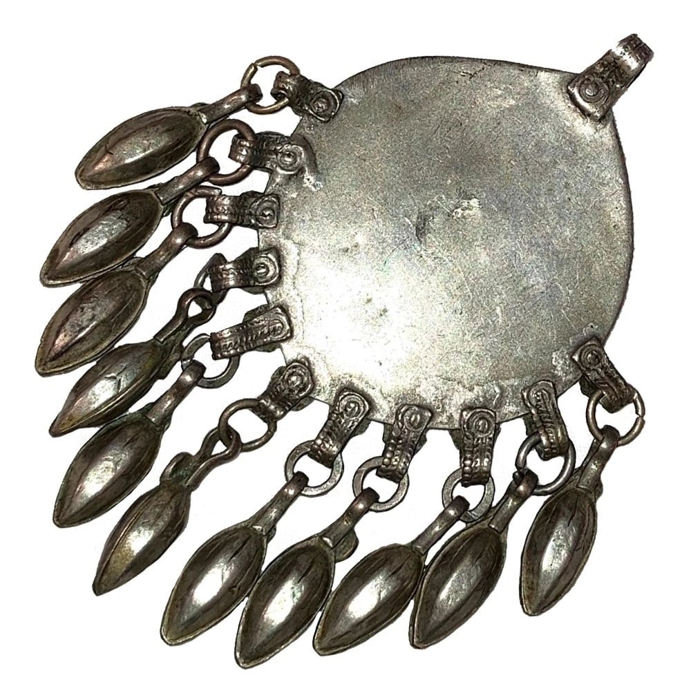 Turkoman Middle Eastern Bedouin Tribal White Metal Red Coral Carnelian Pendant - 5