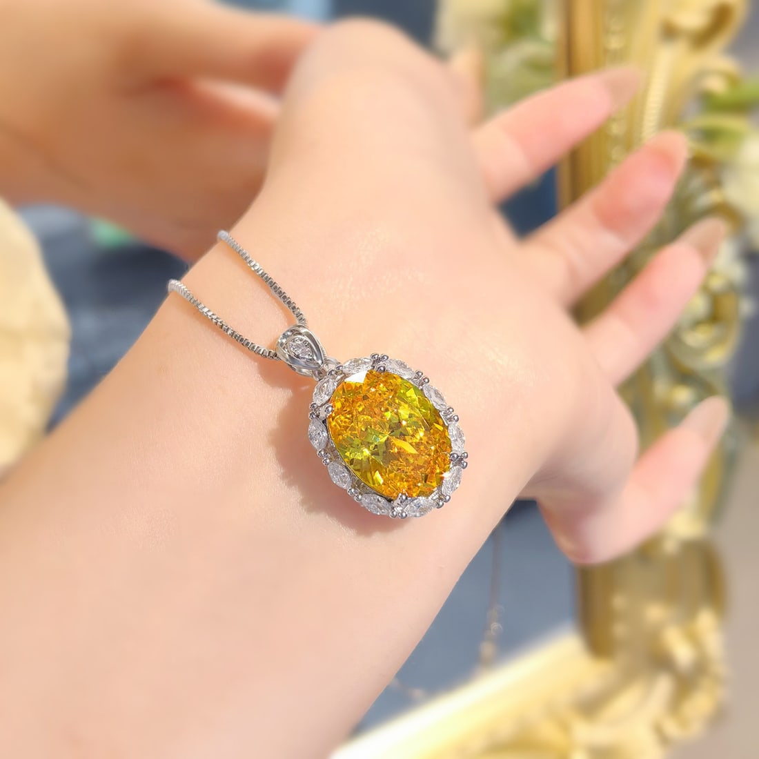 18k White Gold plated Cushion Cut Pigeon Egg Created Yellow Sapphire Moissanite Pendant Necklace - 3