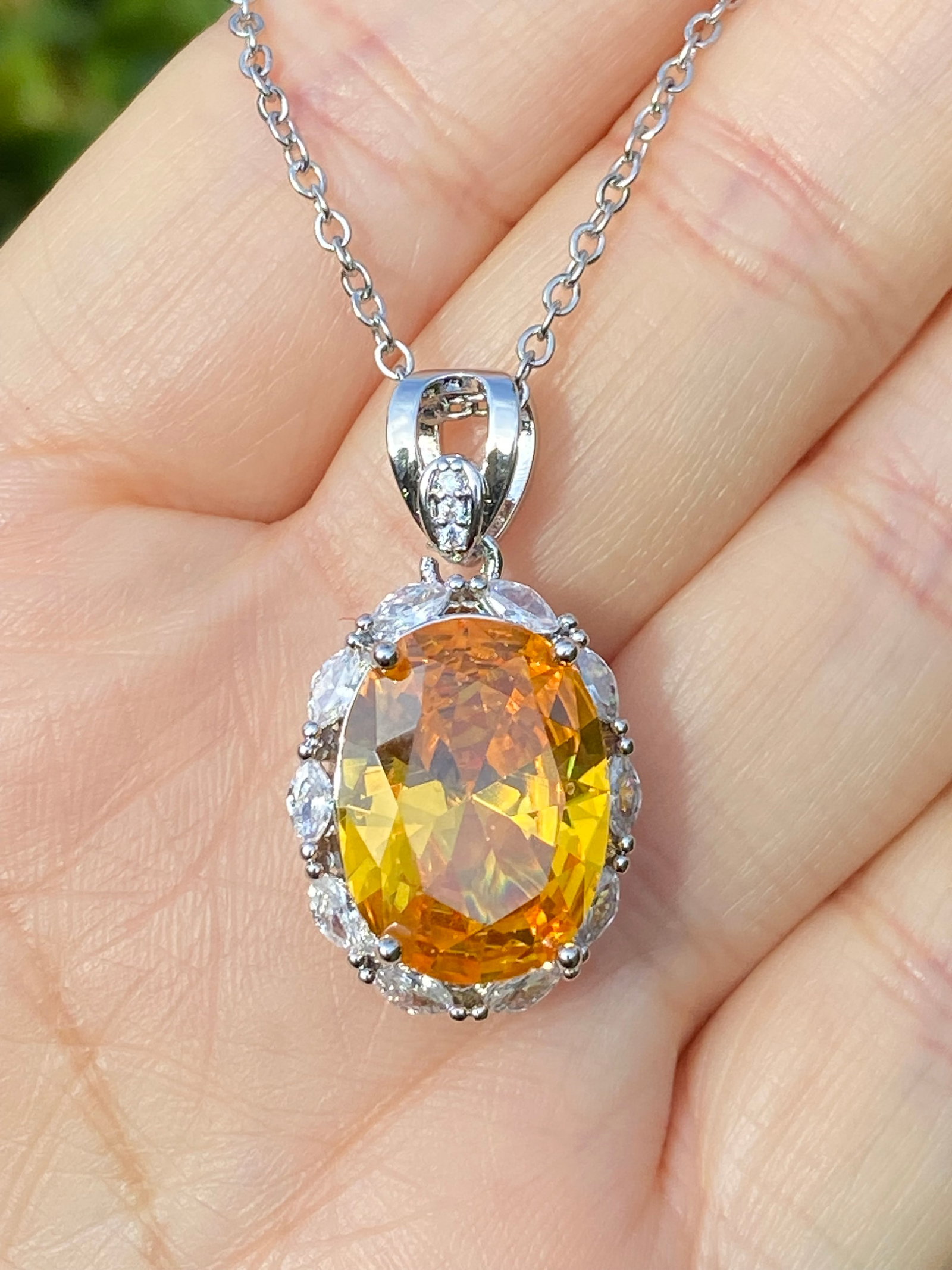 18k White Gold plated Cushion Cut Pigeon Egg Created Yellow Sapphire Moissanite Pendant Necklace - 7