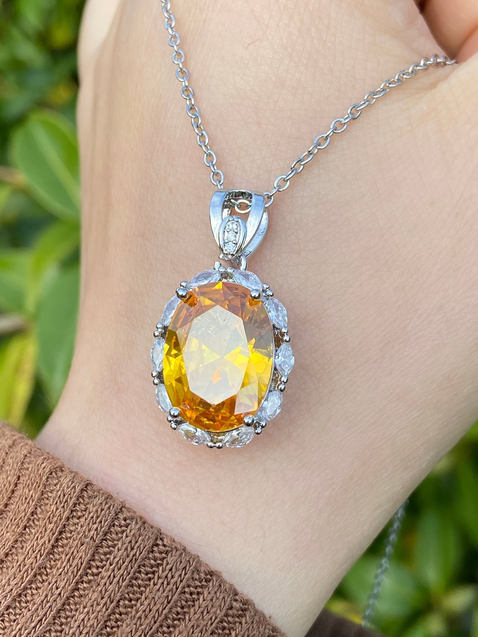 18k White Gold plated Cushion Cut Pigeon Egg Created Yellow Sapphire Moissanite Pendant Necklace - 8