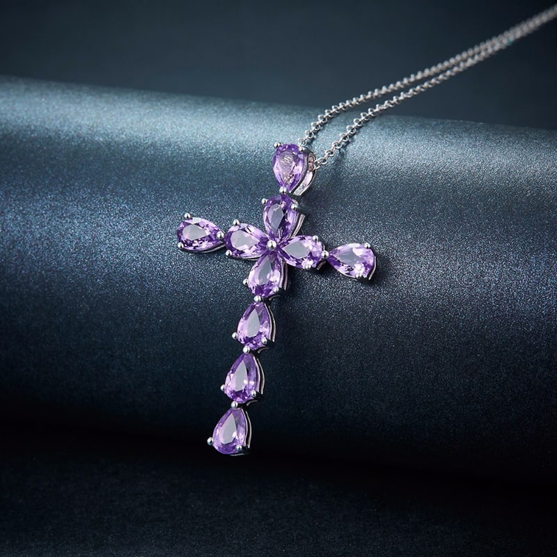 18K White Gold Plated Amethyst Cross Pendant Necklace - 2