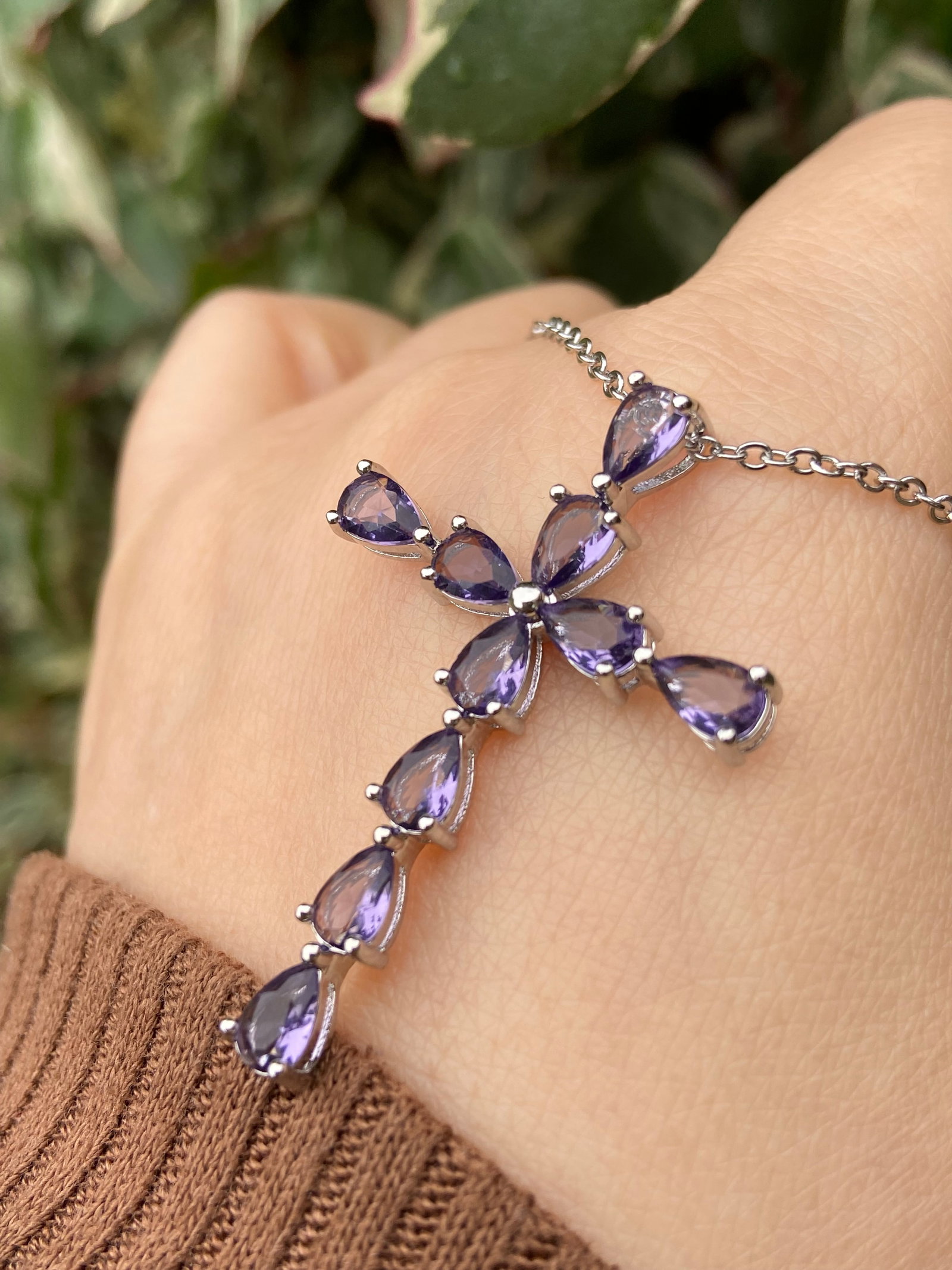18K White Gold Plated Amethyst Cross Pendant Necklace - 6