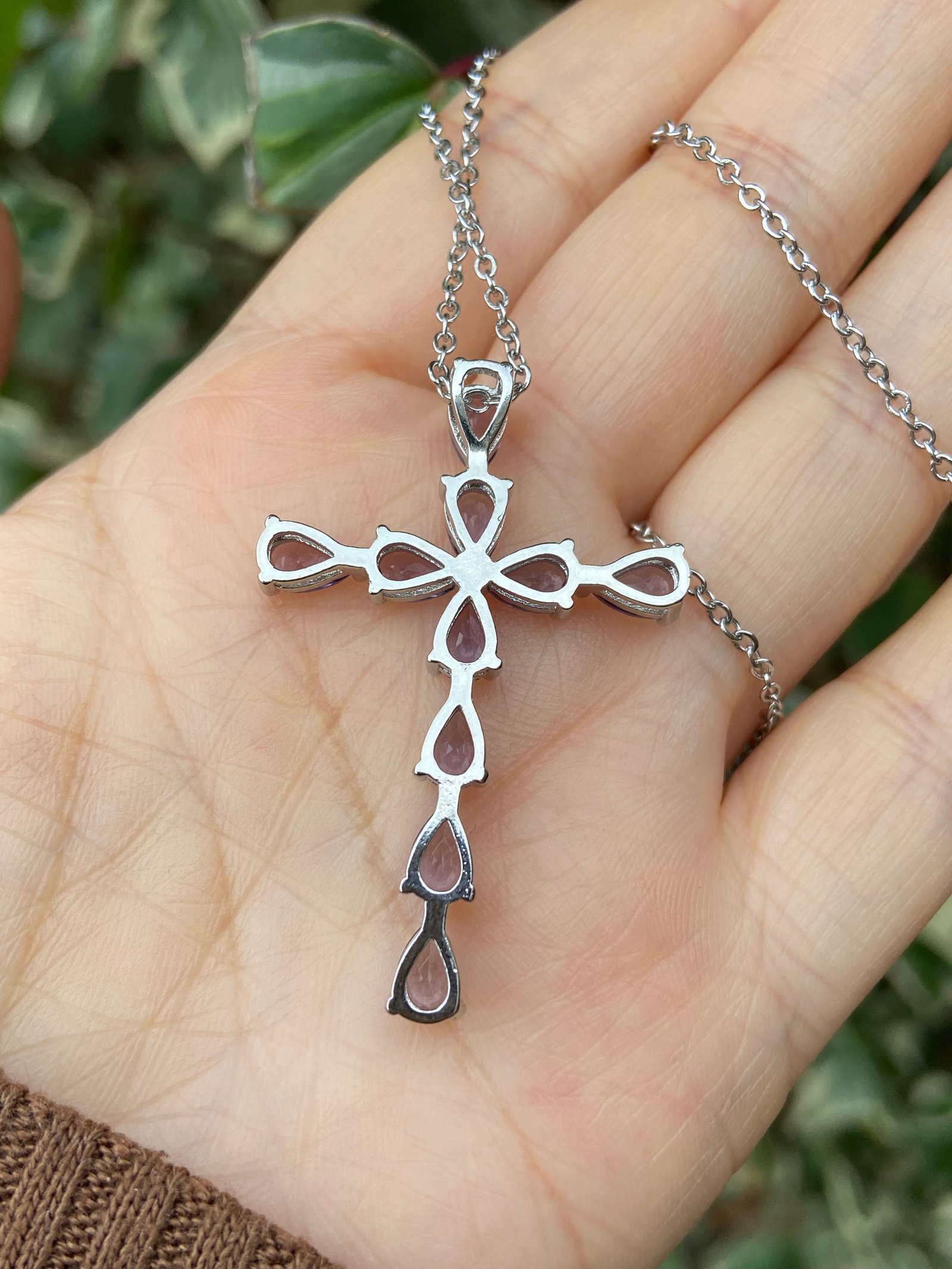 18K White Gold Plated Amethyst Cross Pendant Necklace - 7