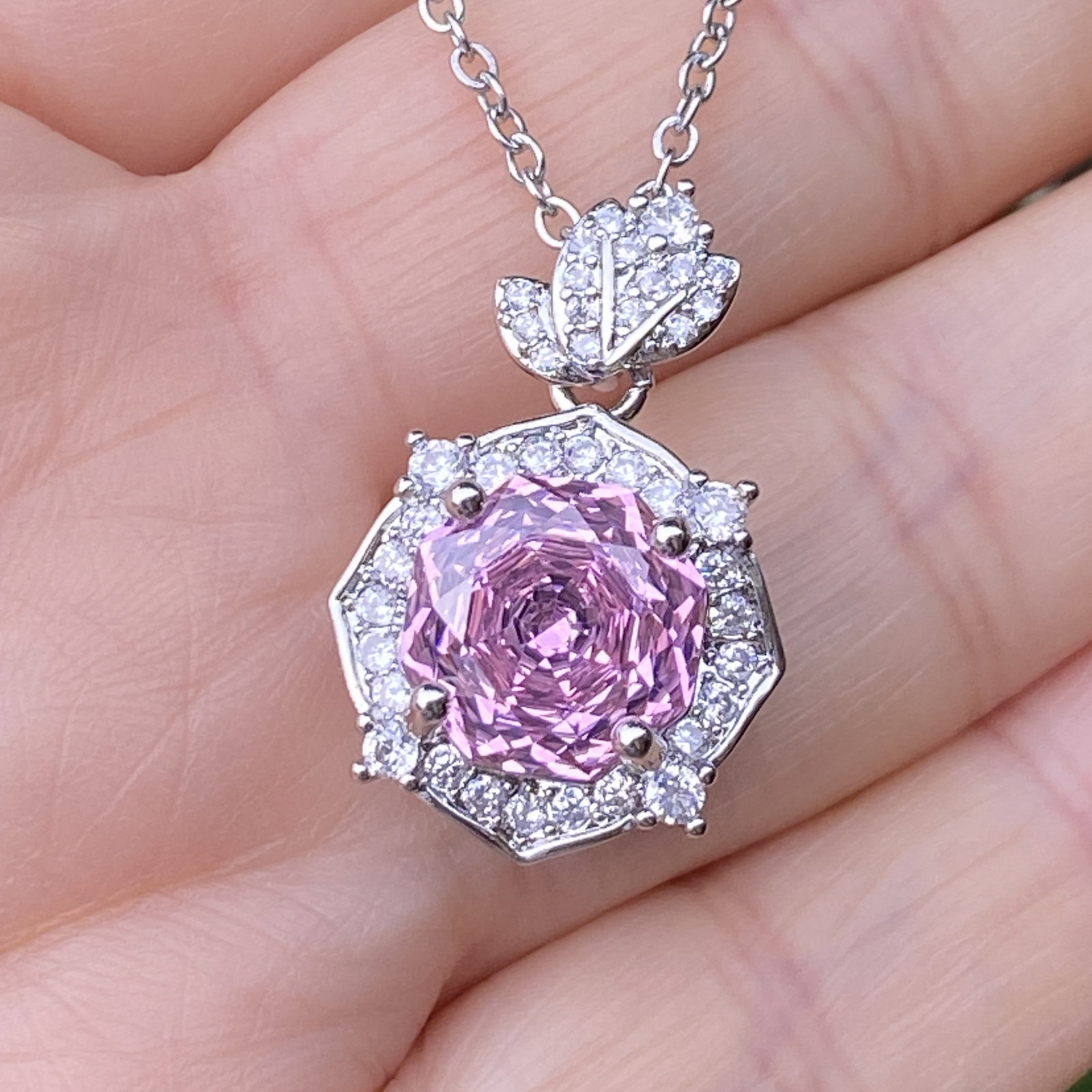 18K White Gold Plated Radiant-Cut Pink Sapphire and Moissanite Halo Pendant Necklace - 2