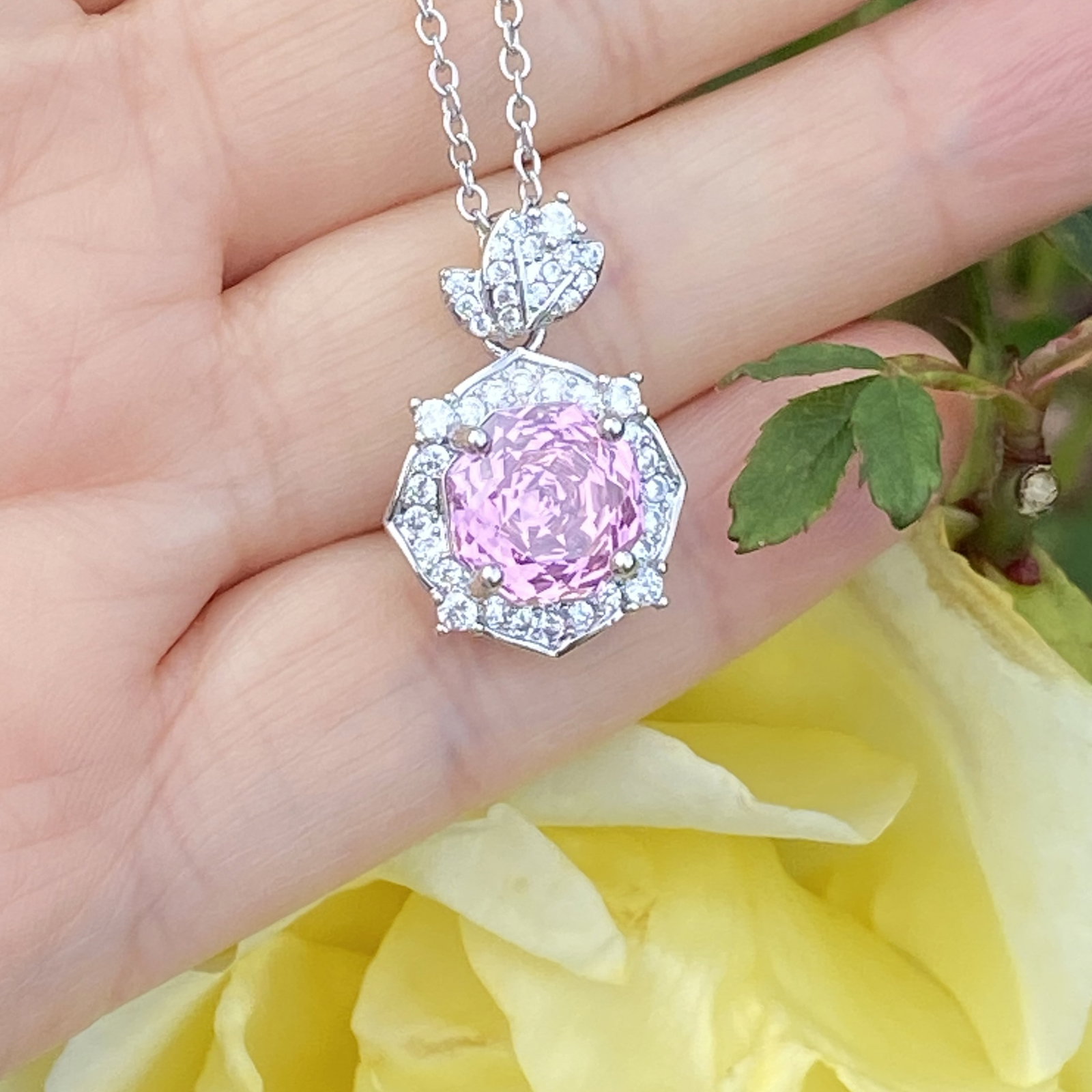 18K White Gold Plated Radiant-Cut Pink Sapphire and Moissanite Halo Pendant Necklace - 3