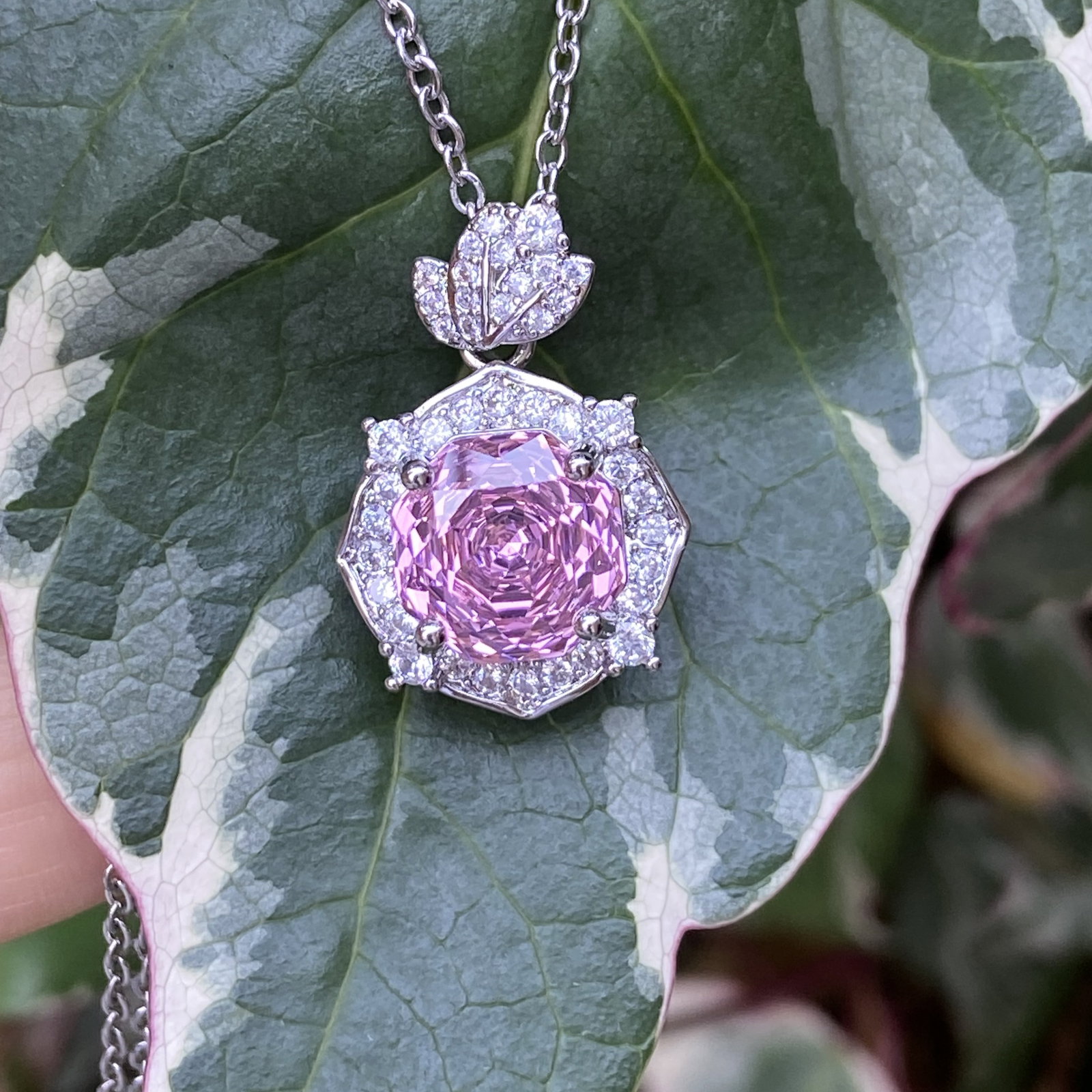 18K White Gold Plated Radiant-Cut Pink Sapphire and Moissanite Halo Pendant Necklace - 7