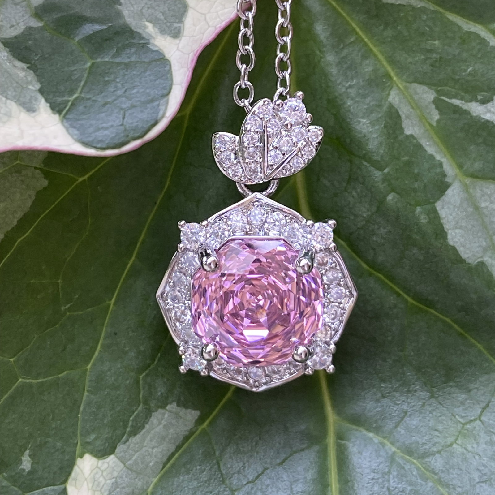 18K White Gold Plated Radiant-Cut Pink Sapphire and Moissanite Halo Pendant Necklace - 8