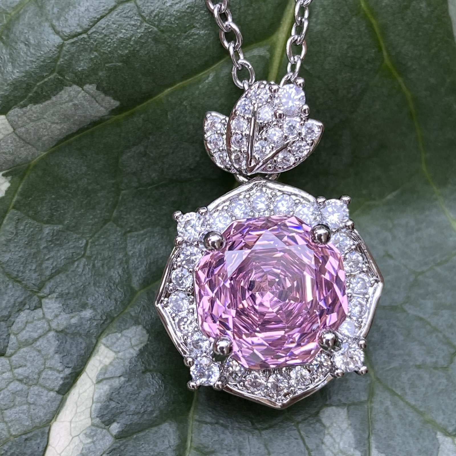 18K White Gold Plated Radiant-Cut Pink Sapphire and Moissanite Halo Pendant Necklace - 9