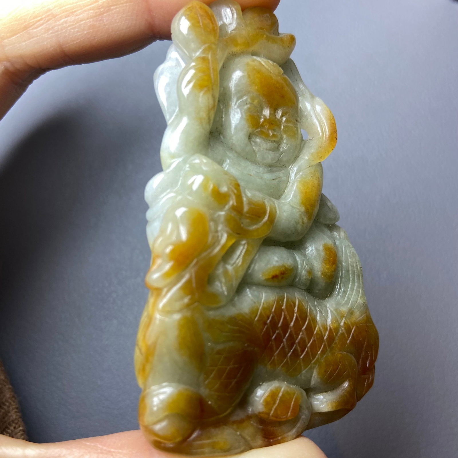Antique Chinese Grade A Yellow Green Jadeite Jade Pendant Figure carved Baby and Fish pattern - 10