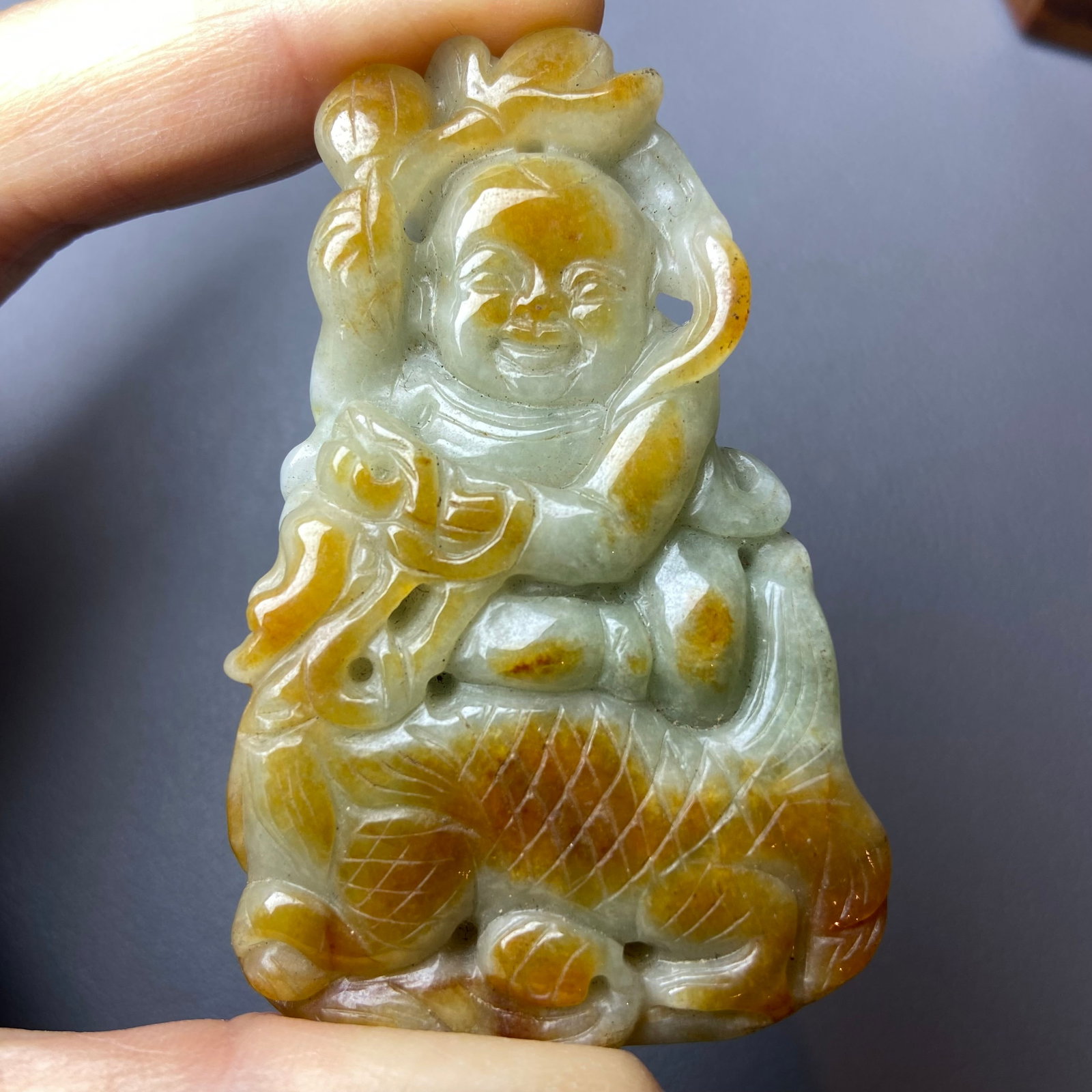 Antique Chinese Grade A Yellow Green Jadeite Jade Pendant Figure carved Baby and Fish pattern - 11