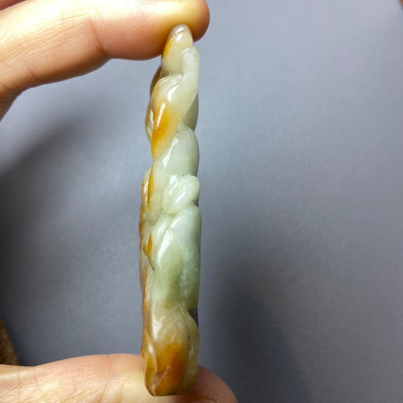 Antique Chinese Grade A Yellow Green Jadeite Jade Pendant Figure carved Baby and Fish pattern - 3