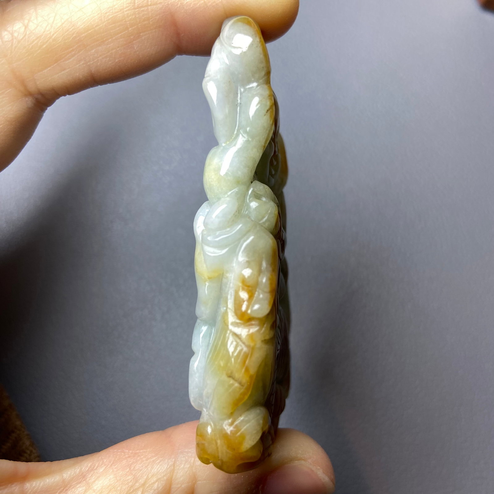 Antique Chinese Grade A Yellow Green Jadeite Jade Pendant Figure carved Baby and Fish pattern - 7