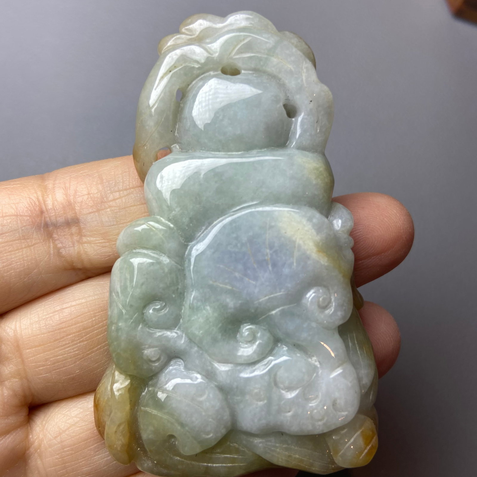 Antique Chinese Grade A Yellow Green Jadeite Jade Pendant Figure carved Baby and Fish pattern - 8