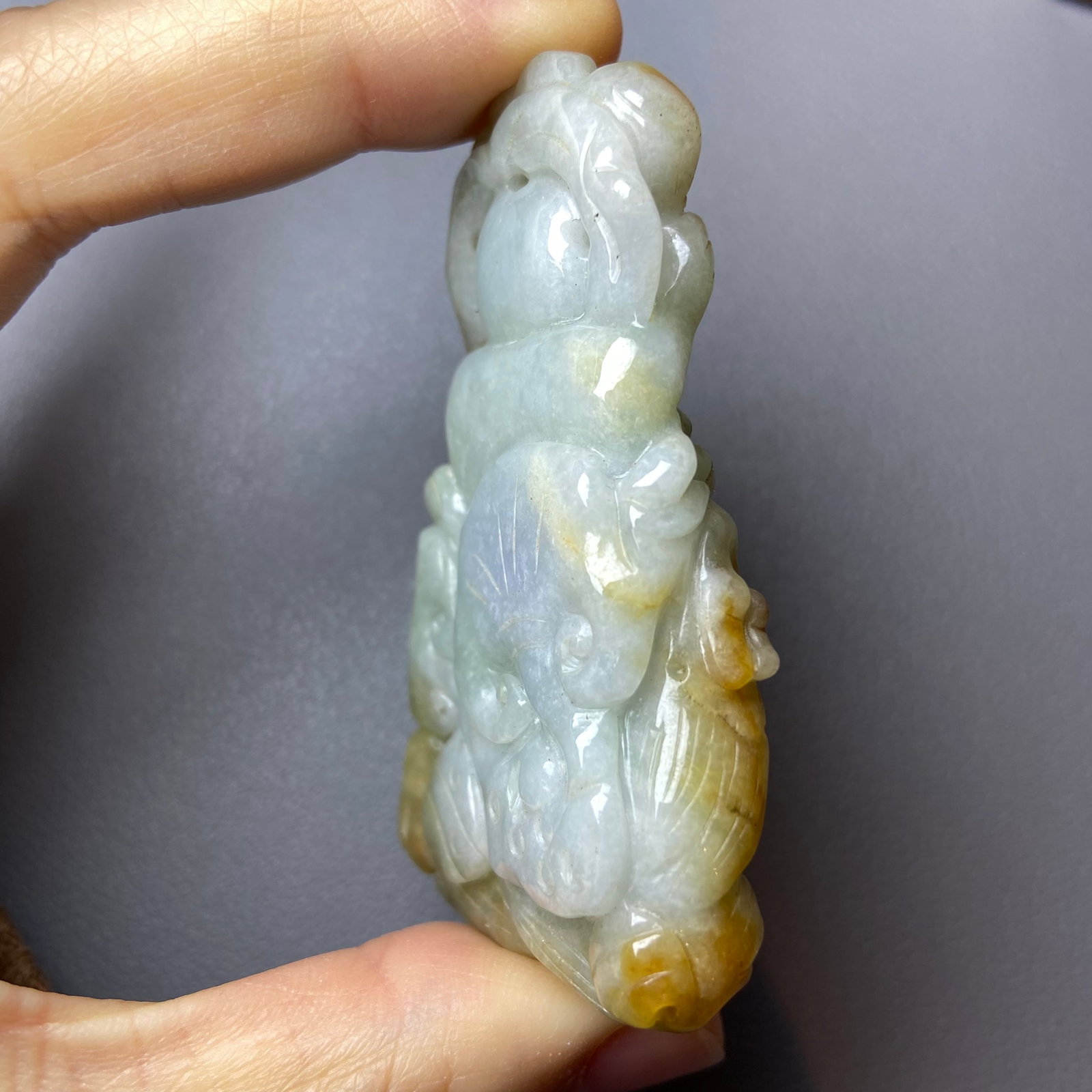 Antique Chinese Grade A Yellow Green Jadeite Jade Pendant Figure carved Baby and Fish pattern - 9